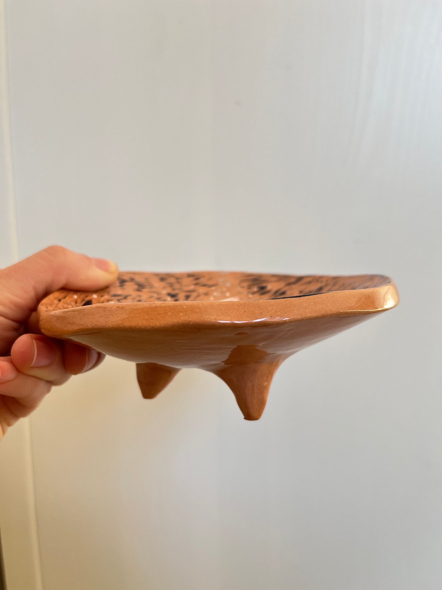 Terracotta Plate With Flowers / Sgraffito Platter With Folkstyle Florals / Folk-Style Small Serving Plate/ Unique Handmade OOAK Footed Plate
