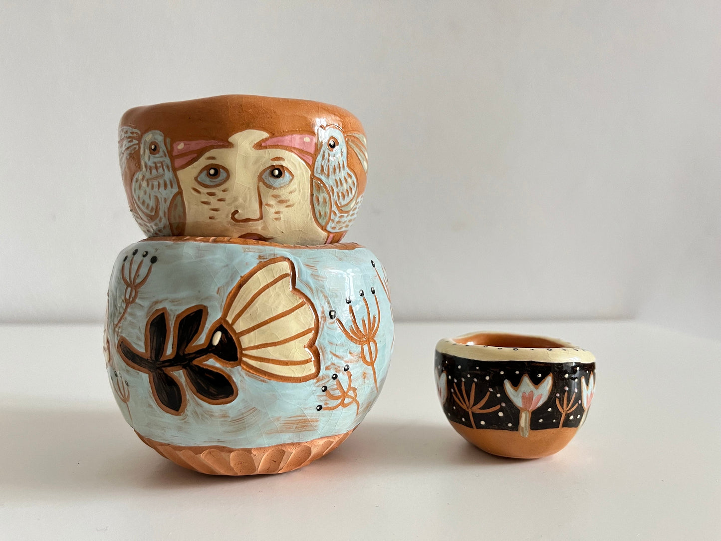 SECONDS SALE: Ceramic Succulent Planter With A Face and a Bird Design / Sgraffito Bowl / Unique Illustrated Ceramic Catchall Bowl