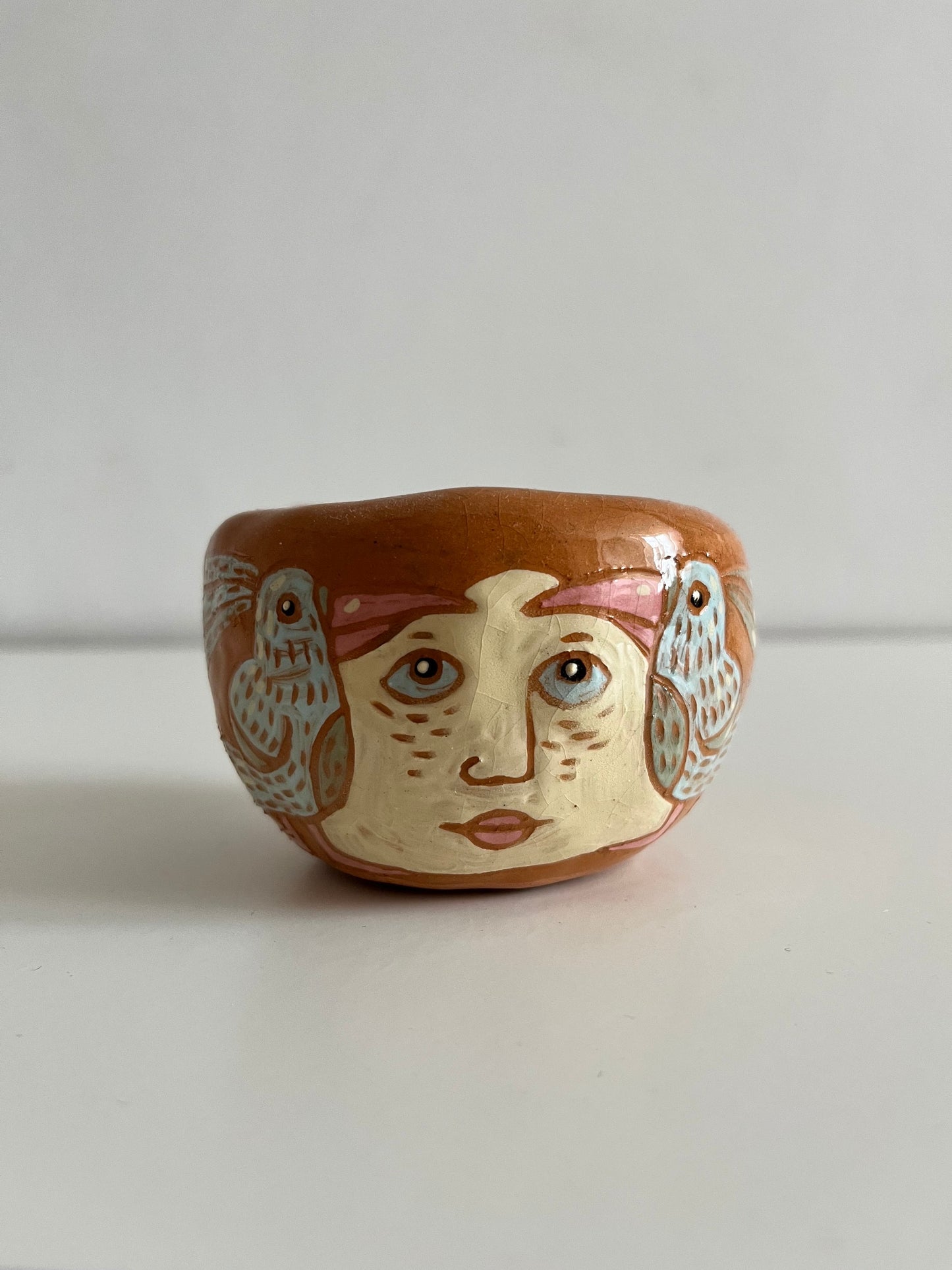 SECONDS SALE: Ceramic Succulent Planter With A Face and a Bird Design / Sgraffito Bowl / Unique Illustrated Ceramic Catchall Bowl