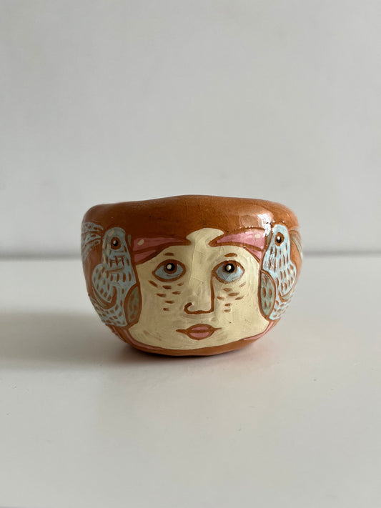 SECONDS SALE: Ceramic Succulent Planter With A Face and a Bird Design / Sgraffito Bowl / Unique Illustrated Ceramic Catchall Bowl