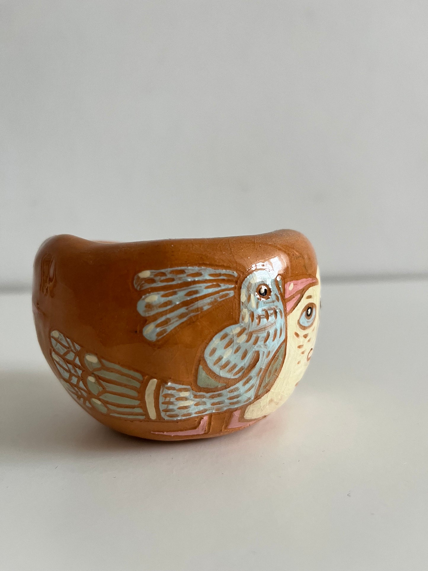 SECONDS SALE: Ceramic Succulent Planter With A Face and a Bird Design / Sgraffito Bowl / Unique Illustrated Ceramic Catchall Bowl