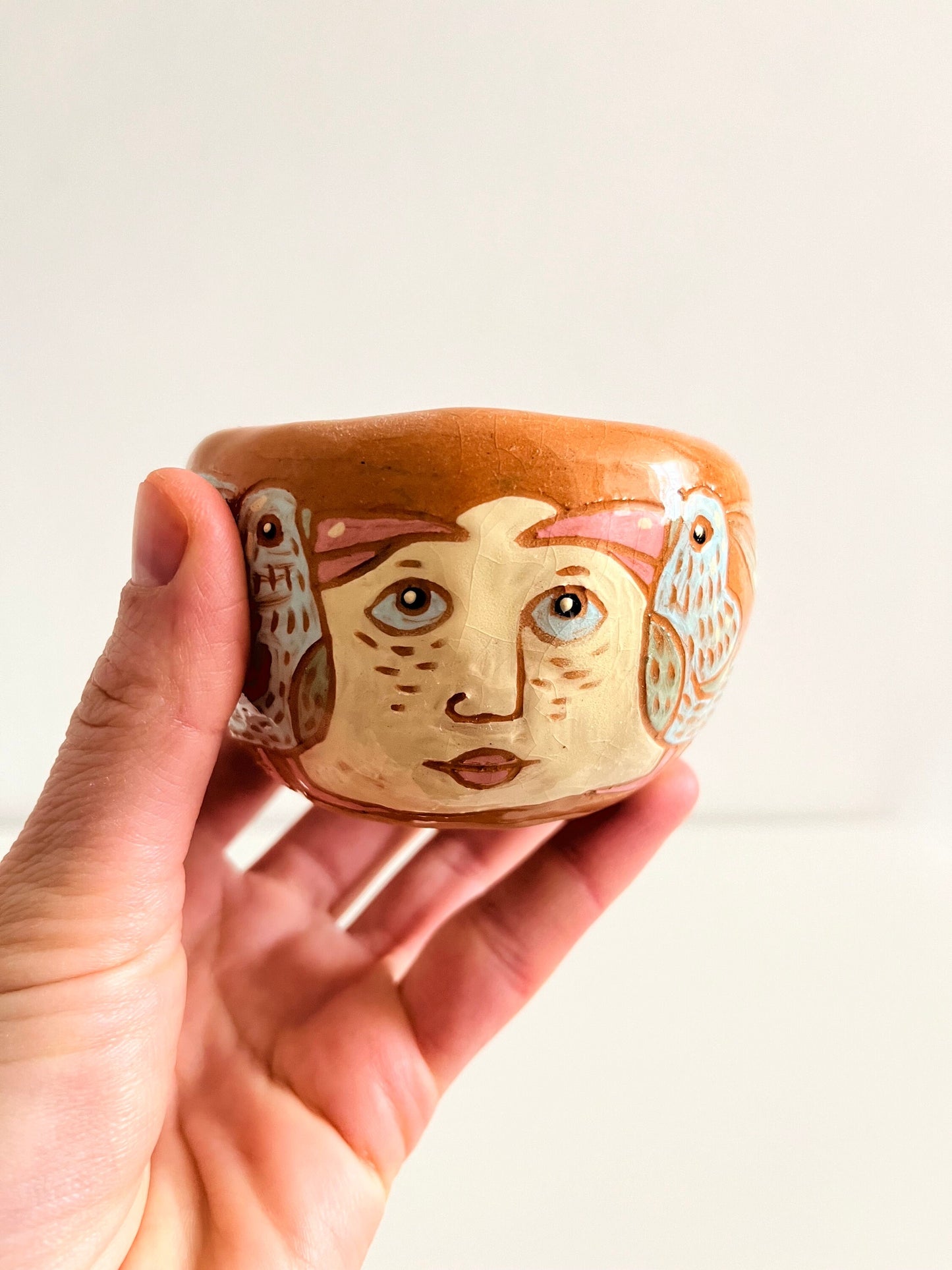 SECONDS SALE: Ceramic Succulent Planter With A Face and a Bird Design / Sgraffito Bowl / Unique Illustrated Ceramic Catchall Bowl