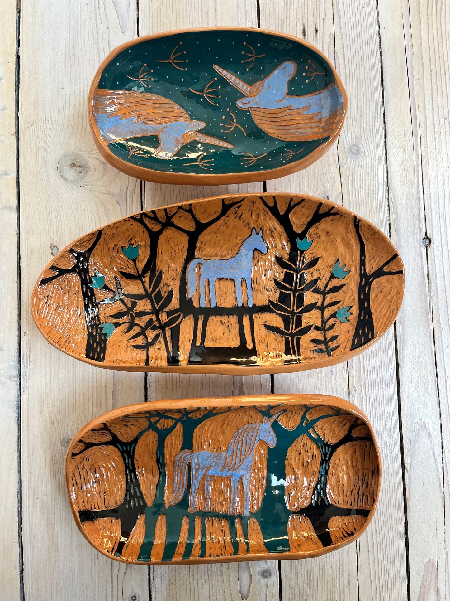 Footed Sgraffito Pottery Plate  / Terracotta Dish With Unicorn and Trees / Unique Handbuilt Footed Ceramic Plate