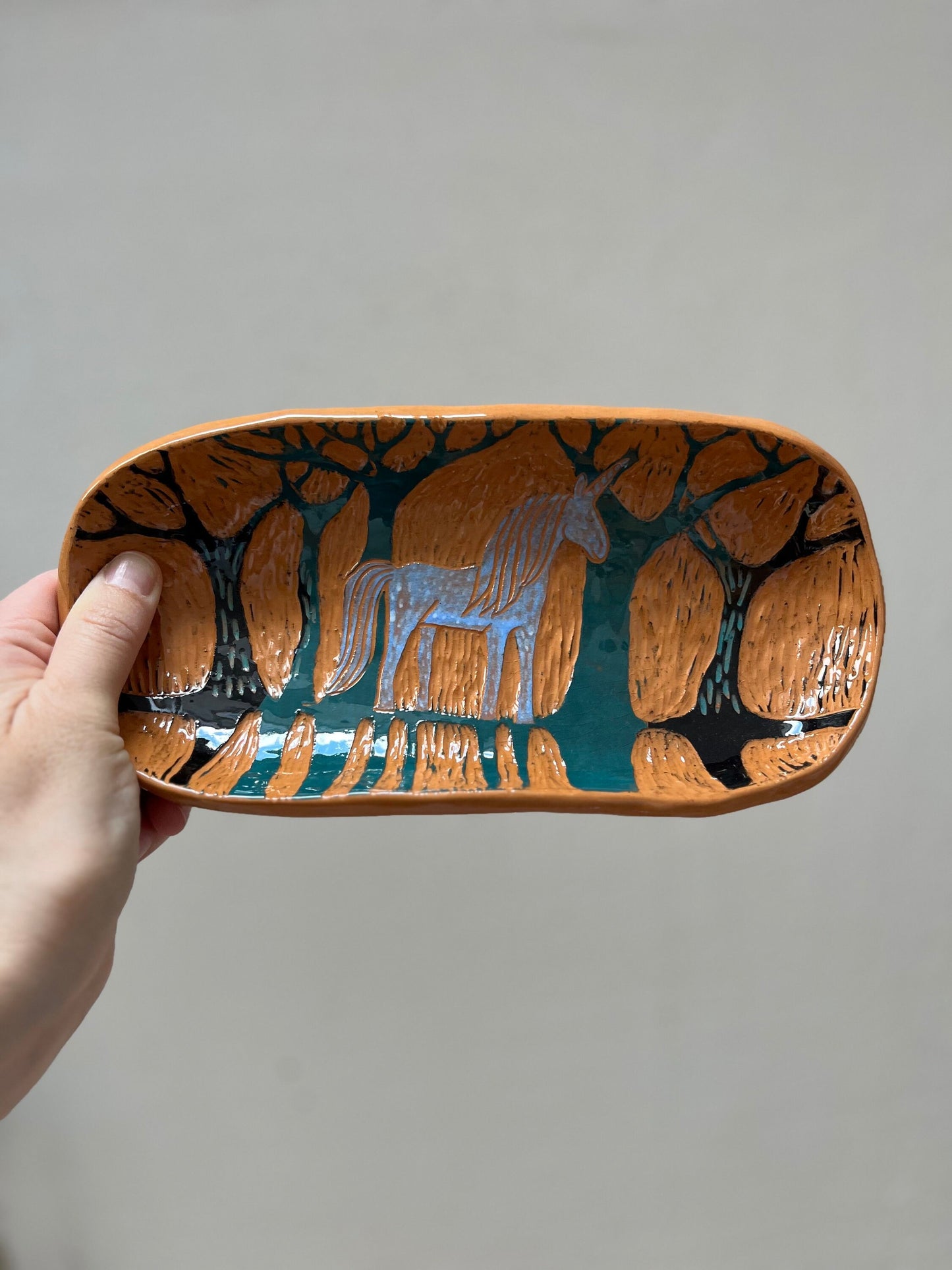 Footed Sgraffito Pottery Plate  / Terracotta Dish With Unicorn and Trees / Unique Handbuilt Footed Ceramic Plate