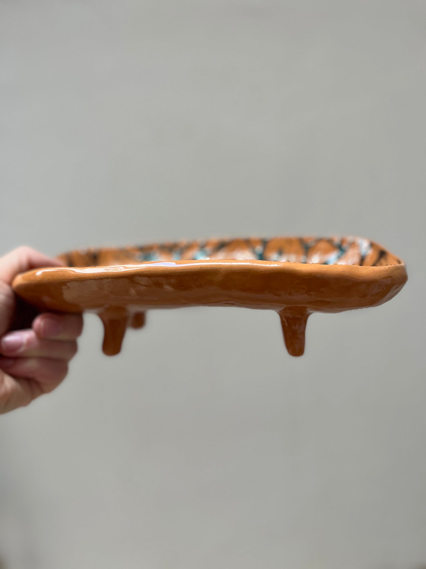 Footed Sgraffito Pottery Plate  / Terracotta Dish With Unicorn and Trees / Unique Handbuilt Footed Ceramic Plate