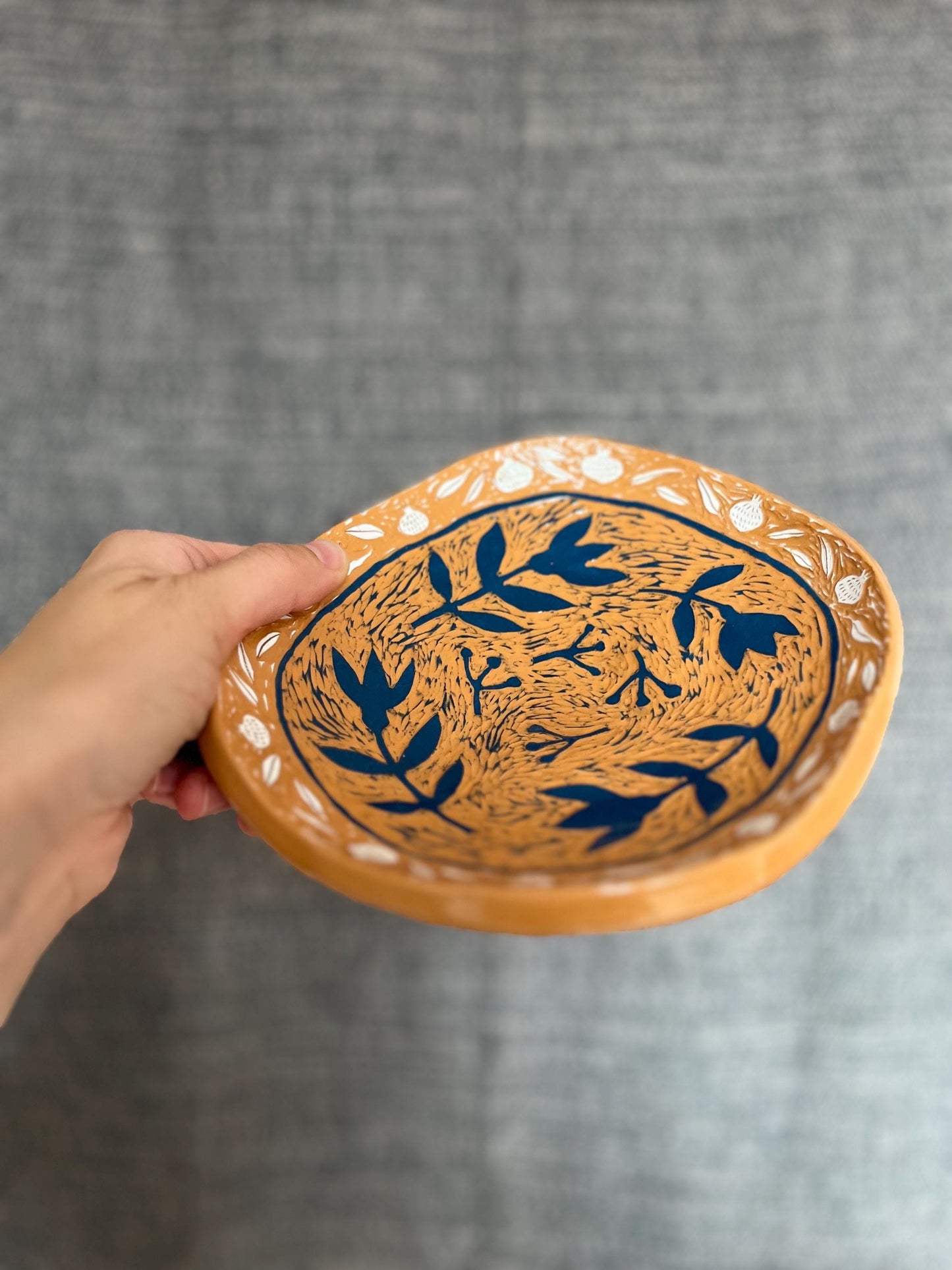Sgraffito Terracotta Plate With Navy Flowers and White Pomegranate Rim / Footed Folkstyle Platter / Handbuilt Plate / Unique Ceramics OOAK