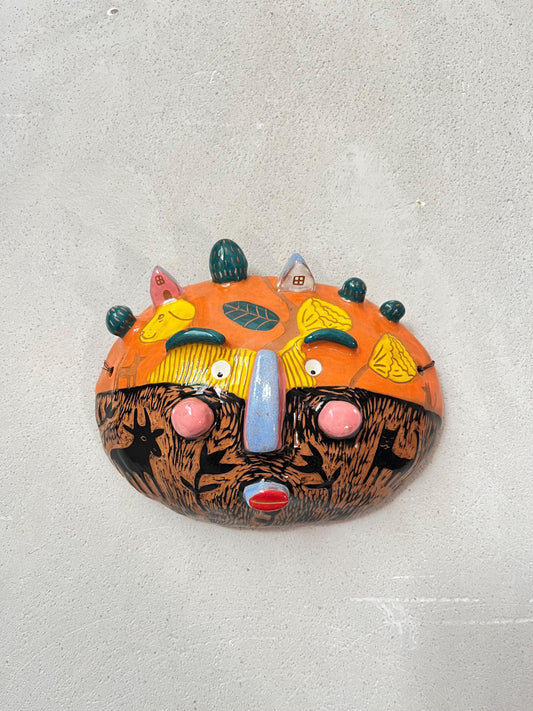 Sgraffito Decorative Wall Mask, Handmade Black and Yellow Ceramic Wall Decoration, Unique Hallway Art, Original Artisan Gift, Colorful Mask