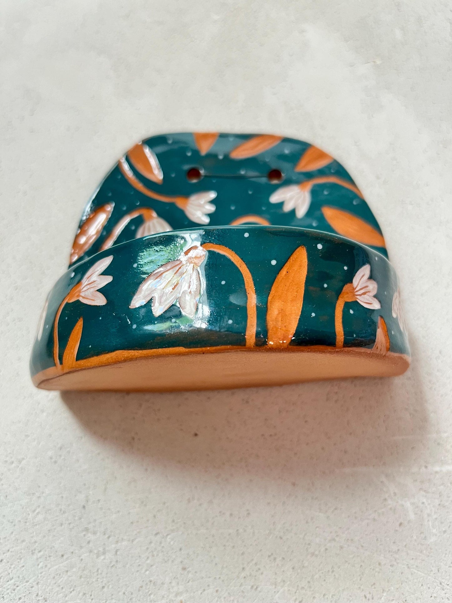 Green Ceramic Wall Altar With White Rabbit and Flowers / Handmade Sgraffito Ceramic Wall Shrine / Sister-In-Law Gift / OOAK Clay Shelf