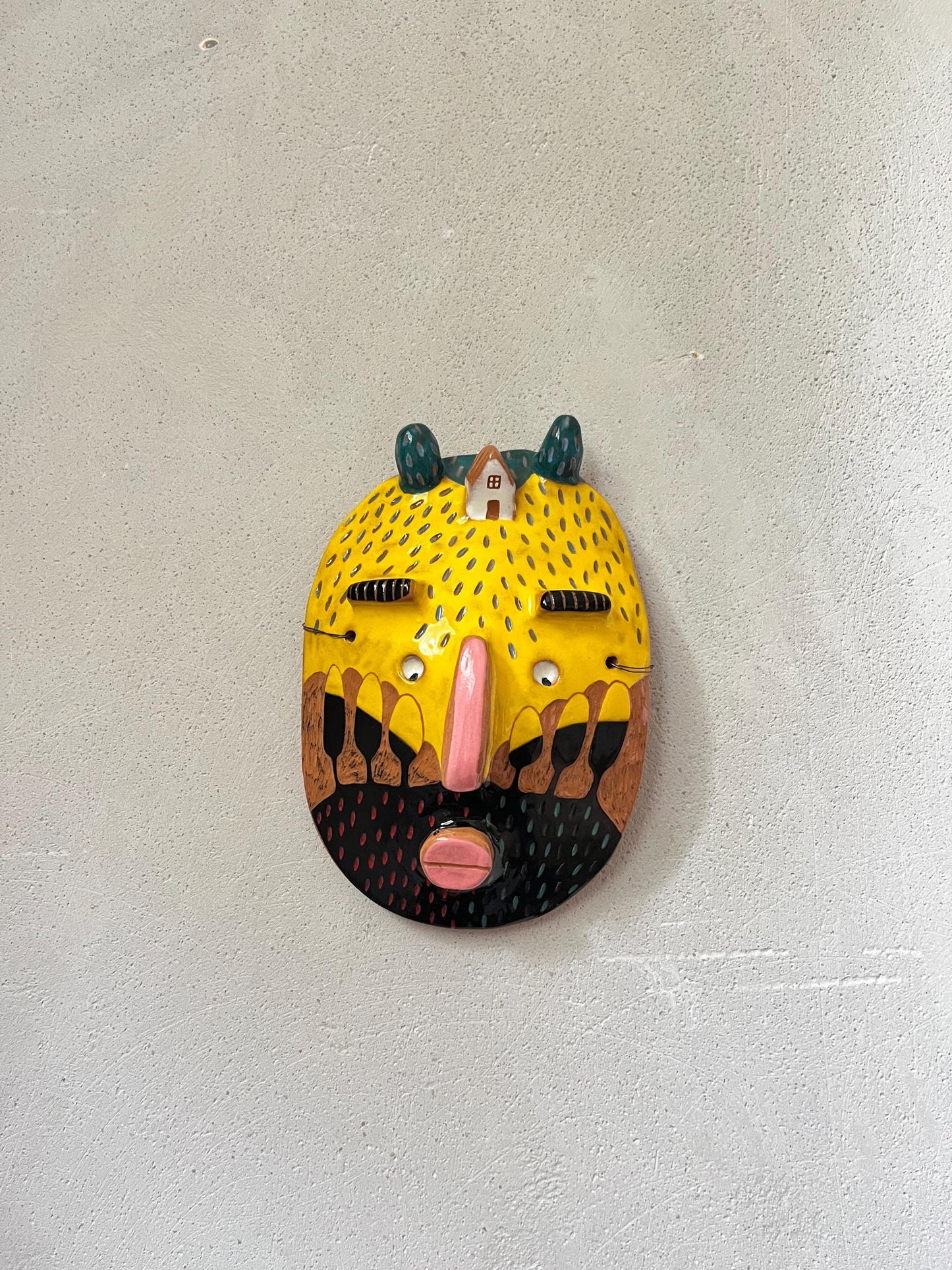 Yellow Ceramic Mask With Tiny Houses / Wall Decor/ Illustrated Ceramic Art / Sgraffito Ceramic Wall Mask / Original Living Room Art OOAK