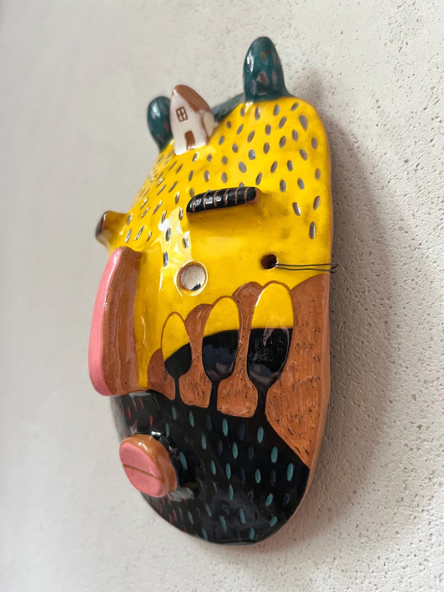 Yellow Ceramic Mask With Tiny Houses / Wall Decor/ Illustrated Ceramic Art / Sgraffito Ceramic Wall Mask / Original Living Room Art OOAK