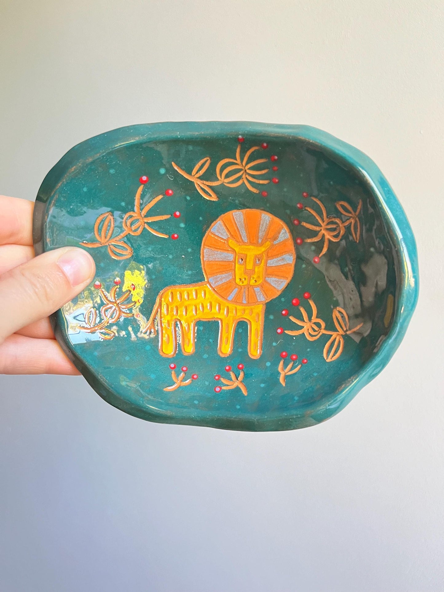 SECONDS SALE: Colorful Ceramic Plate With Lion / Sgraffito Footed Plate / Unique Illustrated Jewelry Dish