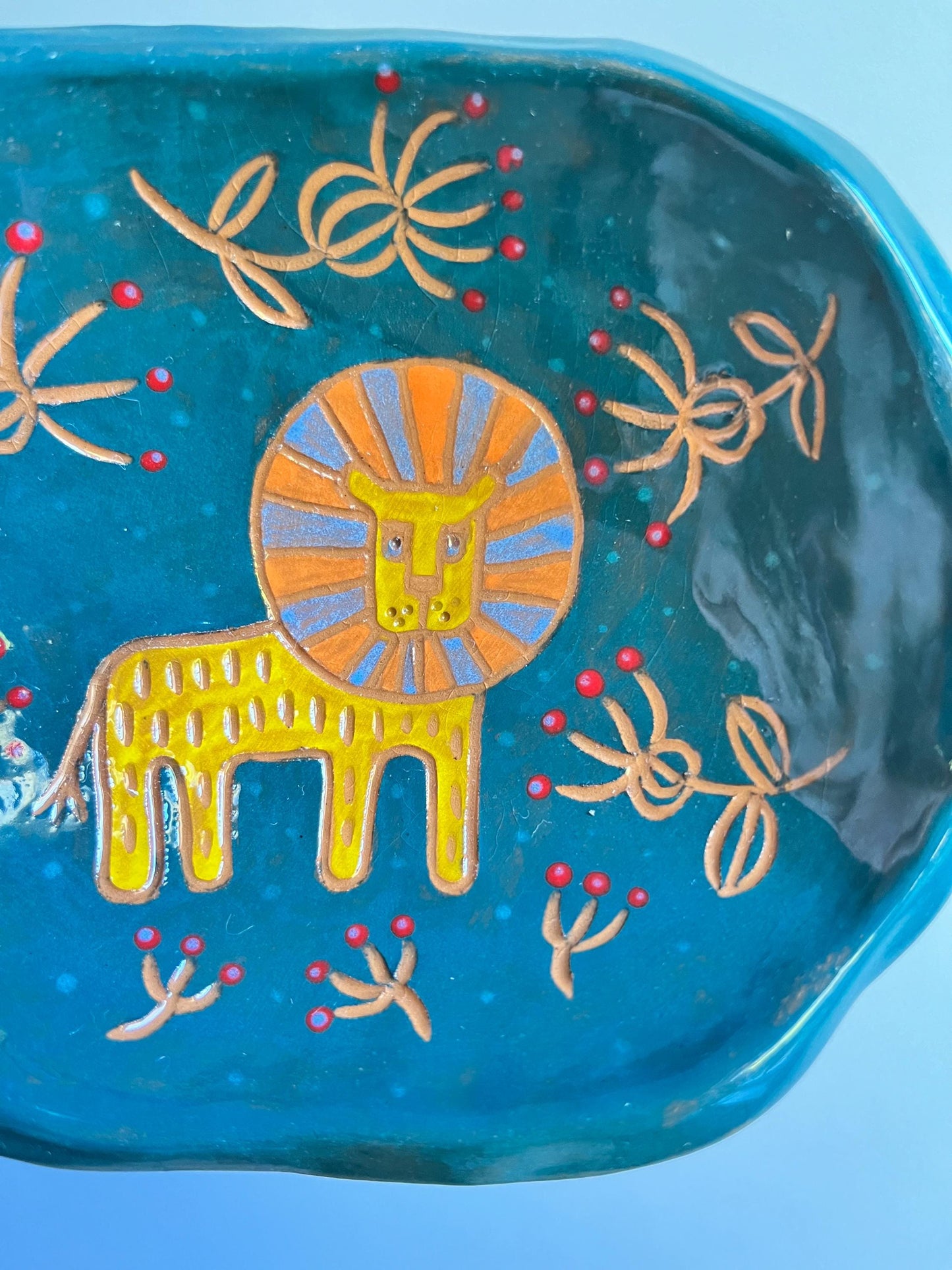 SECONDS SALE: Colorful Ceramic Plate With Lion / Sgraffito Footed Plate / Unique Illustrated Jewelry Dish