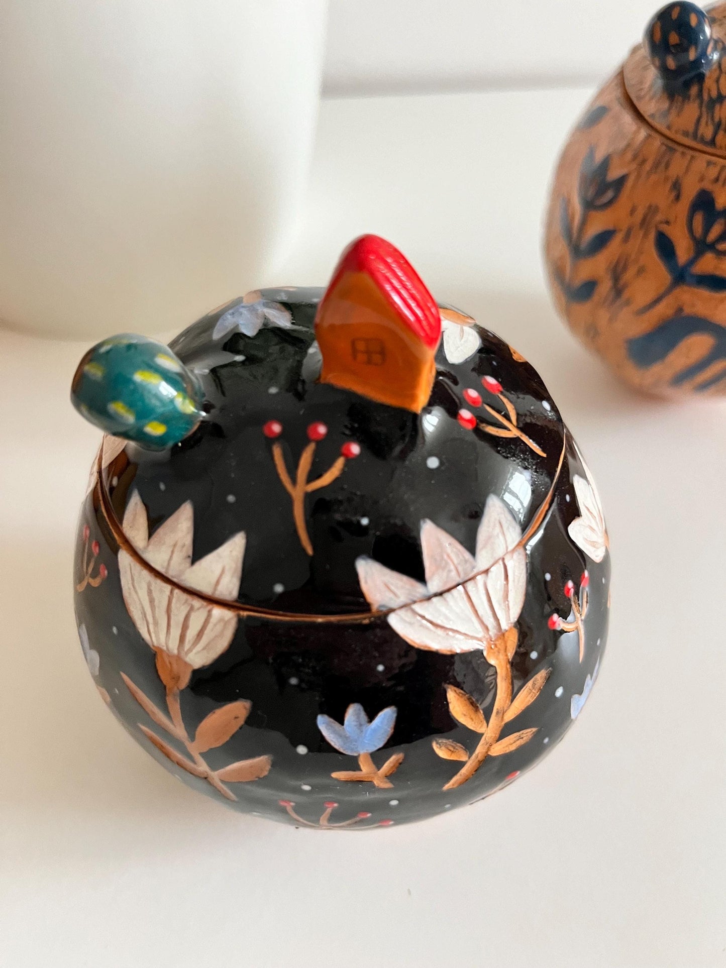 Black Sgraffito Treasure Box With Blue and White Flowers