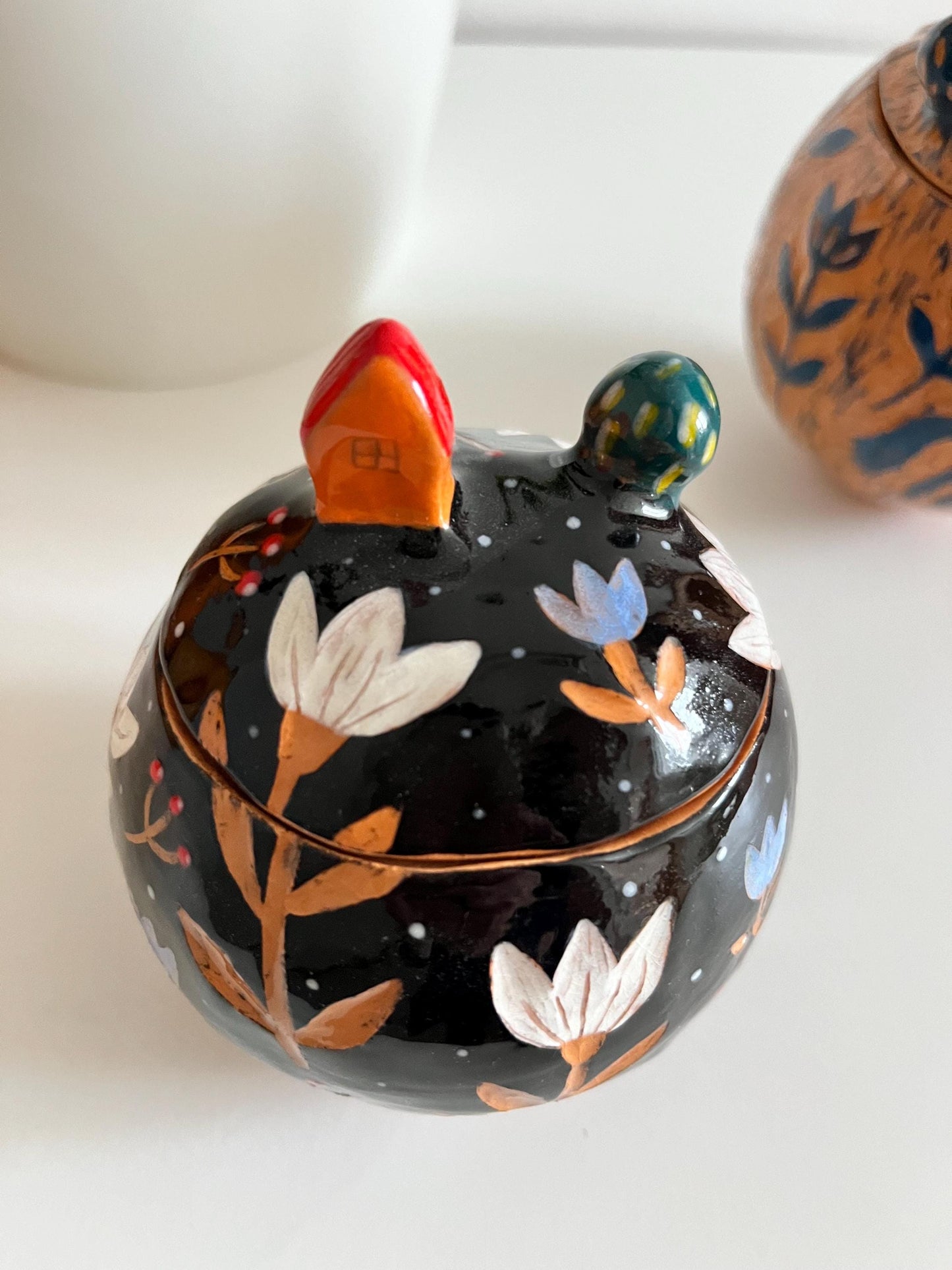 Black Sgraffito Treasure Box With Blue and White Flowers