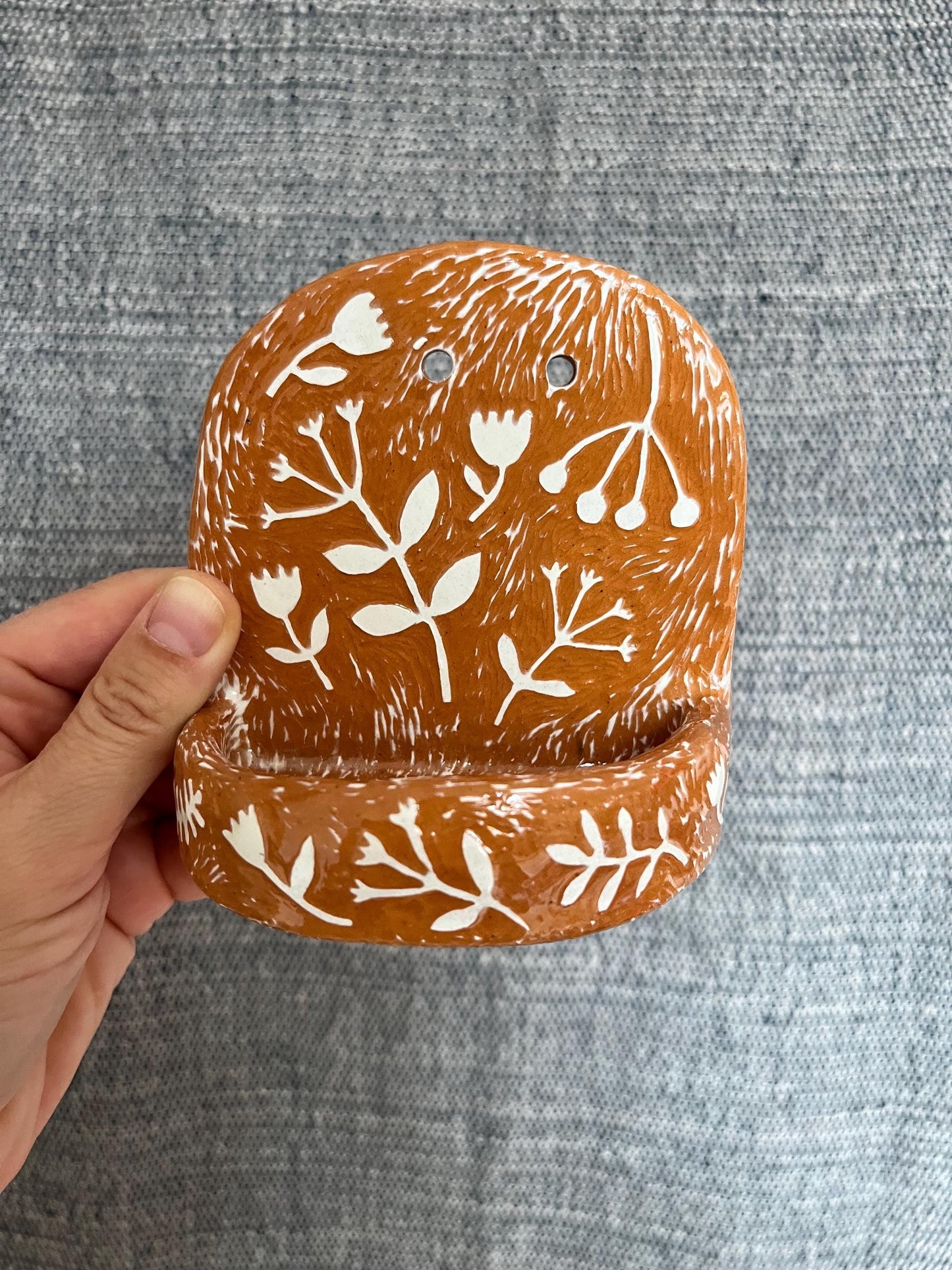 Ceramic Wall Shrine With White Florals / Handmade White Sgraffito Ceramic Wall Shelf/ Unique  Art / Sister Gift / OOAK Clay Shelf