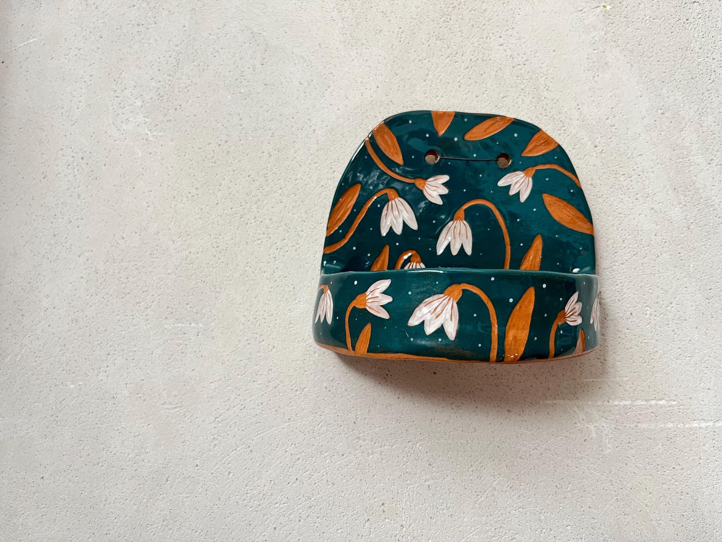 Green Ceramic Wall Altar With White Rabbit and Flowers / Handmade Sgraffito Ceramic Wall Shrine / Sister-In-Law Gift / OOAK Clay Shelf