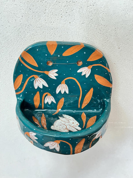 Green Ceramic Wall Altar With White Rabbit and Flowers / Handmade Sgraffito Ceramic Wall Shrine / Sister-In-Law Gift / OOAK Clay Shelf