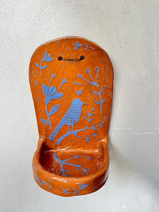 Wall Sconce With Blue Folk Style Sgraffito / Decorative Wall Shrine / Handmade Ceramic Wall Art / Cottage Core Artwork / Quirky Gift For Mom