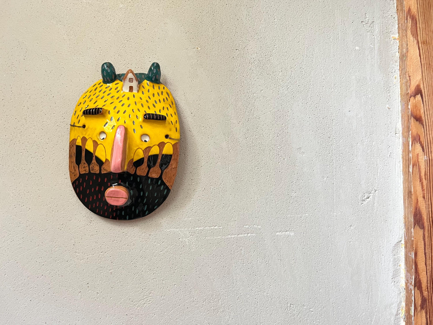 Yellow Ceramic Mask With Tiny Houses / Wall Decor/ Illustrated Ceramic Art / Sgraffito Ceramic Wall Mask / Original Living Room Art OOAK