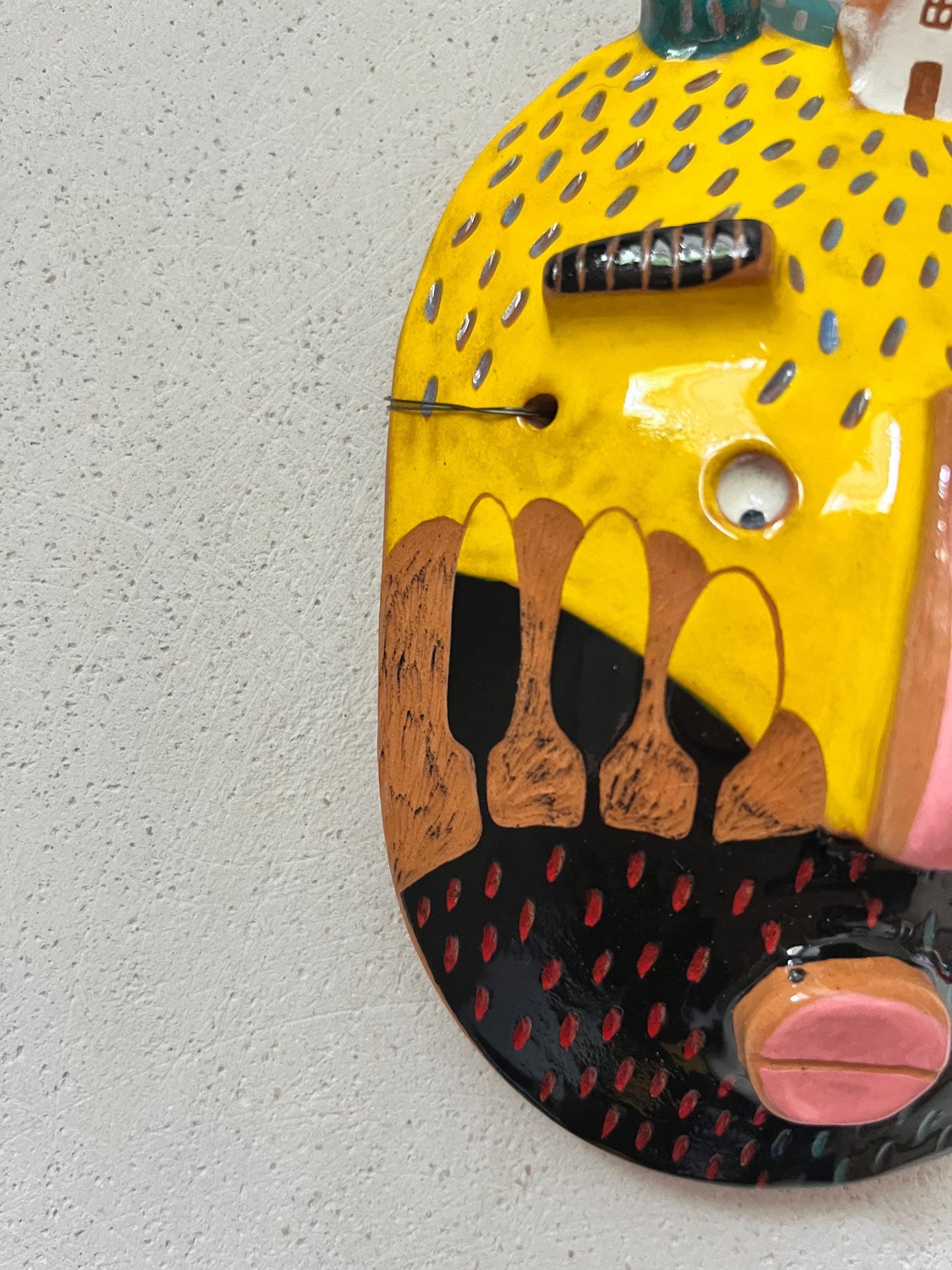 Yellow Ceramic Mask With Tiny Houses / Wall Decor/ Illustrated Ceramic Art / Sgraffito Ceramic Wall Mask / Original Living Room Art OOAK