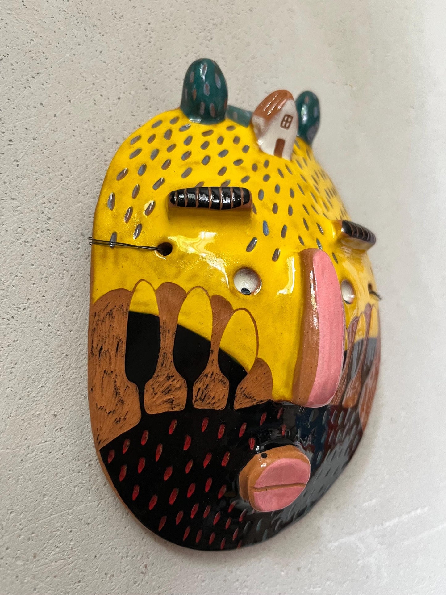 Yellow Ceramic Mask With Tiny Houses / Wall Decor/ Illustrated Ceramic Art / Sgraffito Ceramic Wall Mask / Original Living Room Art OOAK