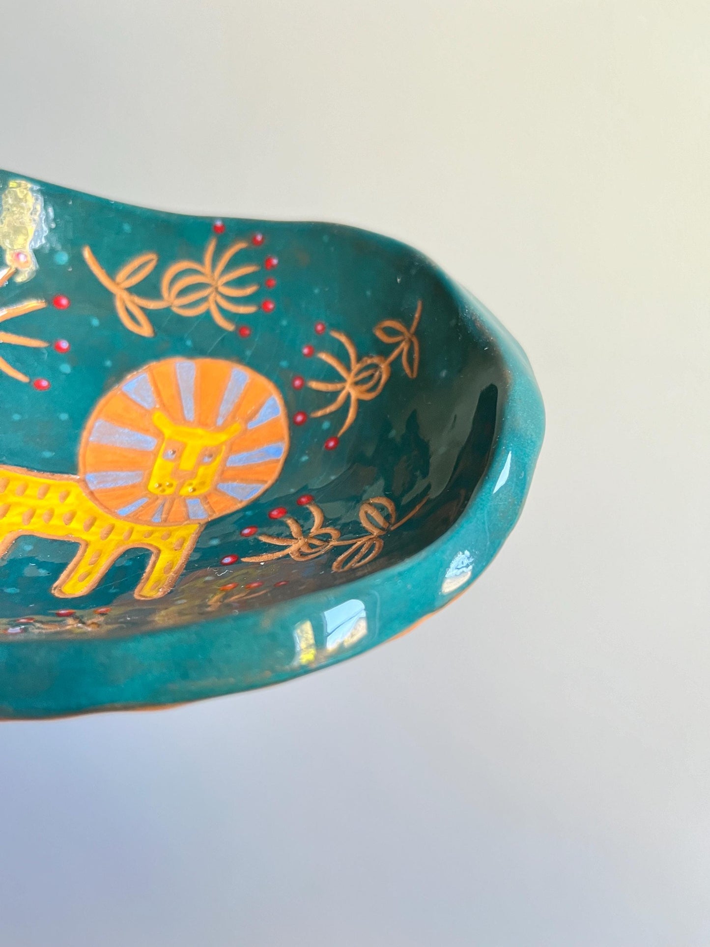 SECONDS SALE: Colorful Ceramic Plate With Lion / Sgraffito Footed Plate / Unique Illustrated Jewelry Dish
