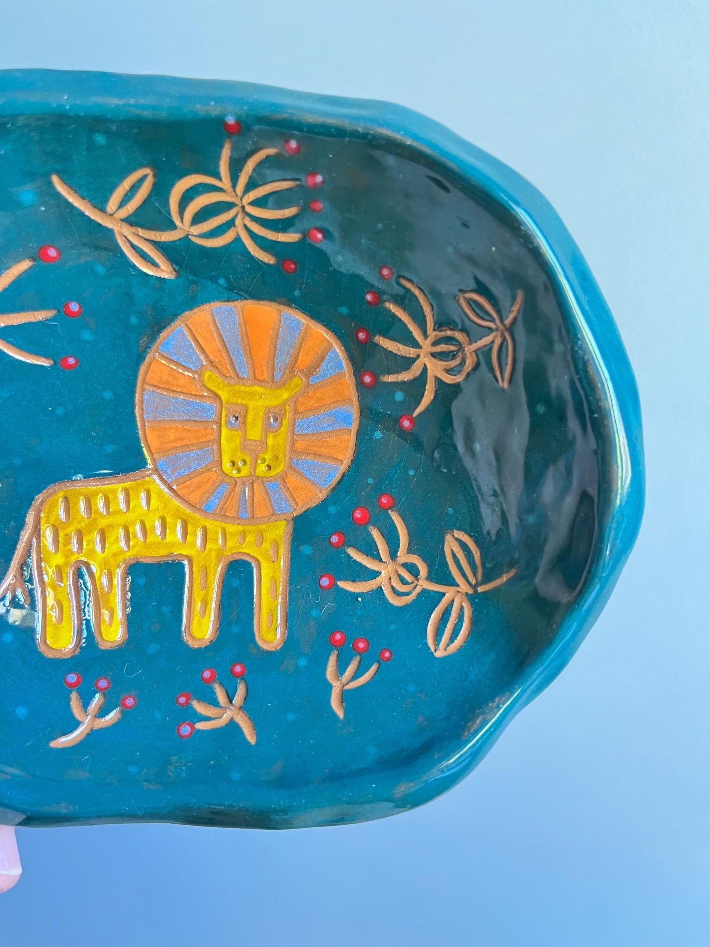 SECONDS SALE: Colorful Ceramic Plate With Lion / Sgraffito Footed Plate / Unique Illustrated Jewelry Dish