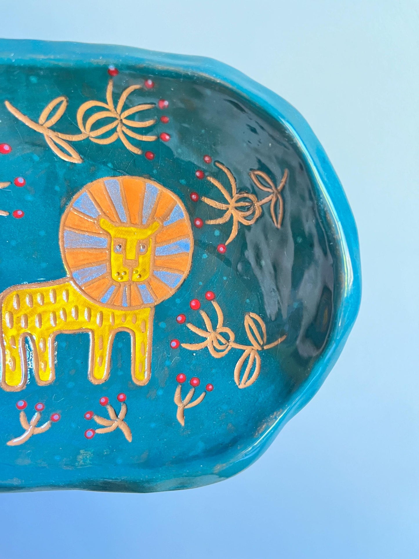 SECONDS SALE: Colorful Ceramic Plate With Lion / Sgraffito Footed Plate / Unique Illustrated Jewelry Dish