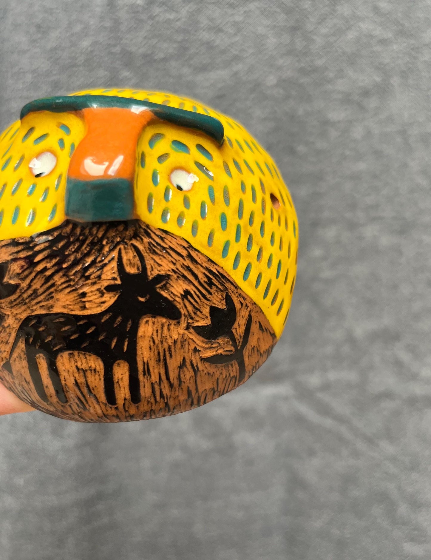 Colorful Yellow Ceramic Mask, Handpainted and Handmade Original Sgraffito Wall Art, Unique Living Room Art, Original Artisan Gift OOAK