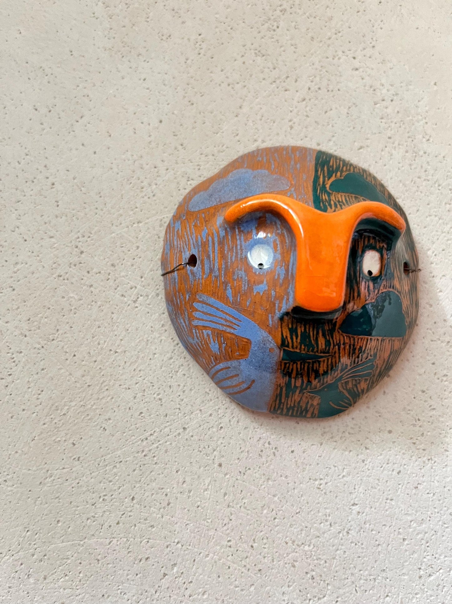 Colorful Small Ceramic Wall Mask, Handpainted and Handmade Original Sgraffito Art, Unique Living Room Art, Original Artisan Gift OOAK