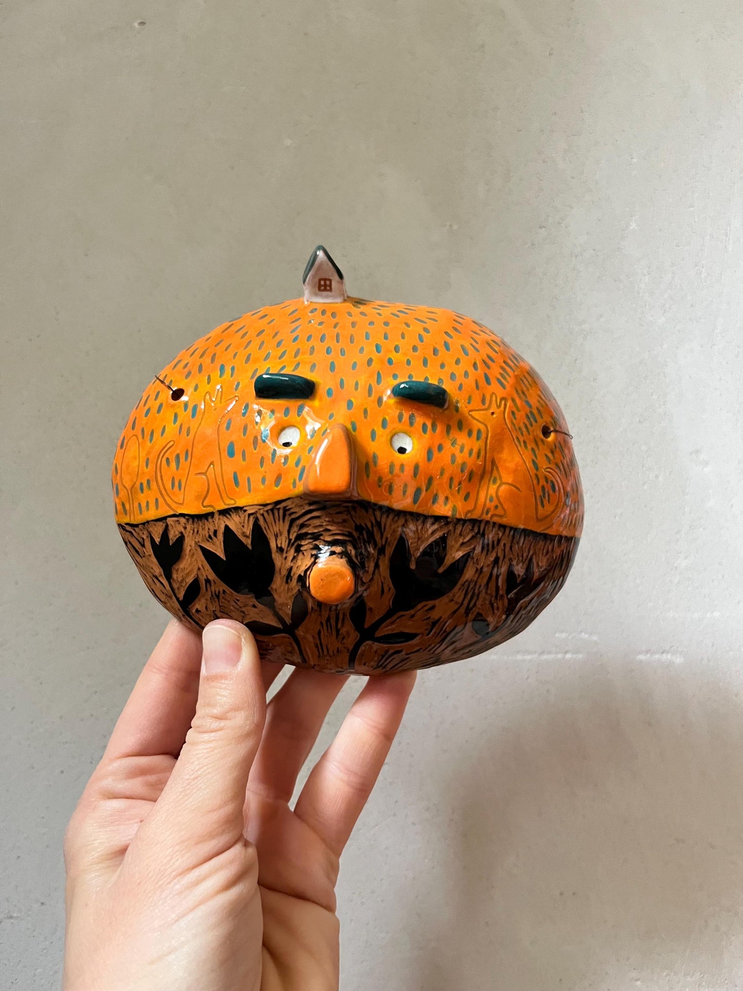 Ceramic Wall Art, Handmade Orange Sgraffito Ceramic Wall Decoration, Unique Living Room Art, Original Artisan Gift, Clay Creature, OOAK