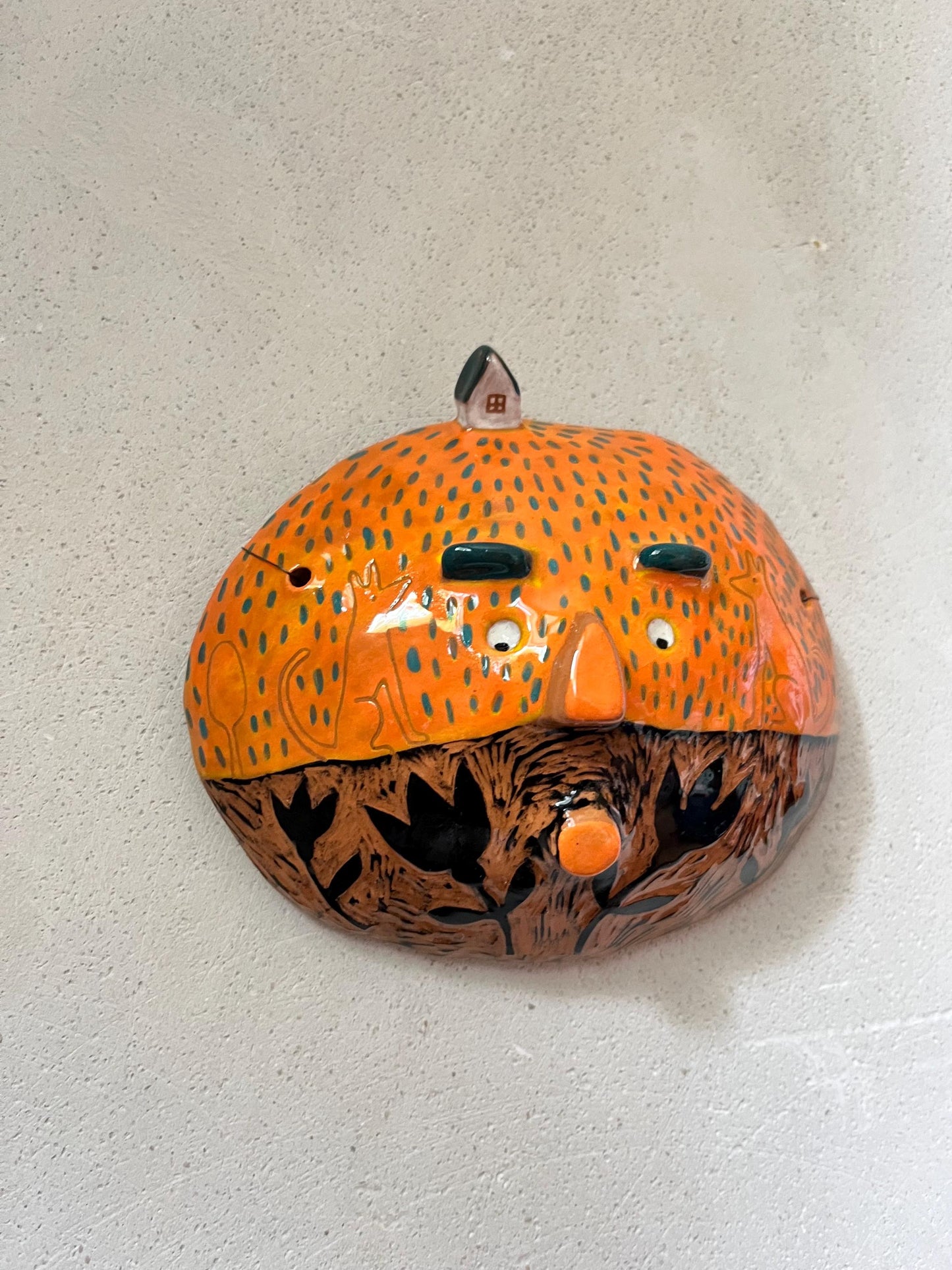 Ceramic Wall Art, Handmade Orange Sgraffito Ceramic Wall Decoration, Unique Living Room Art, Original Artisan Gift, Clay Creature, OOAK
