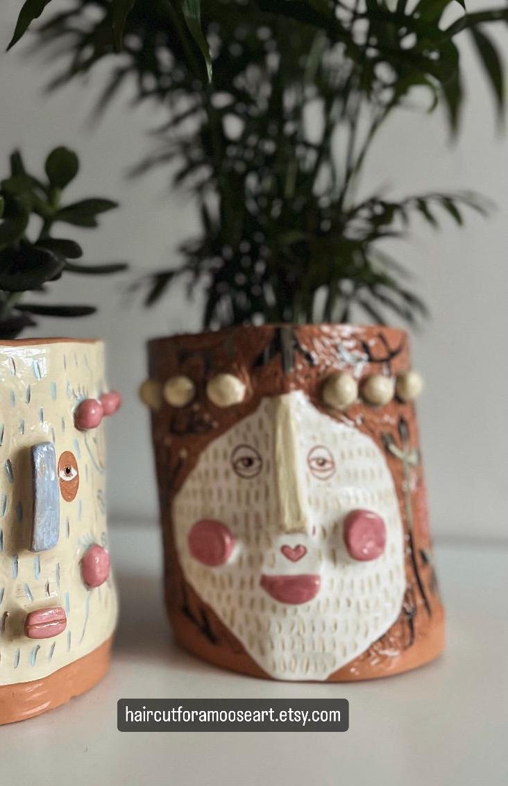 Ceramic Planter With Two Faces / Original Handmade Planter/ Gardener Gift / Unique Plant Lover Gift / Gift For Wife / Sgraffito Ceramics