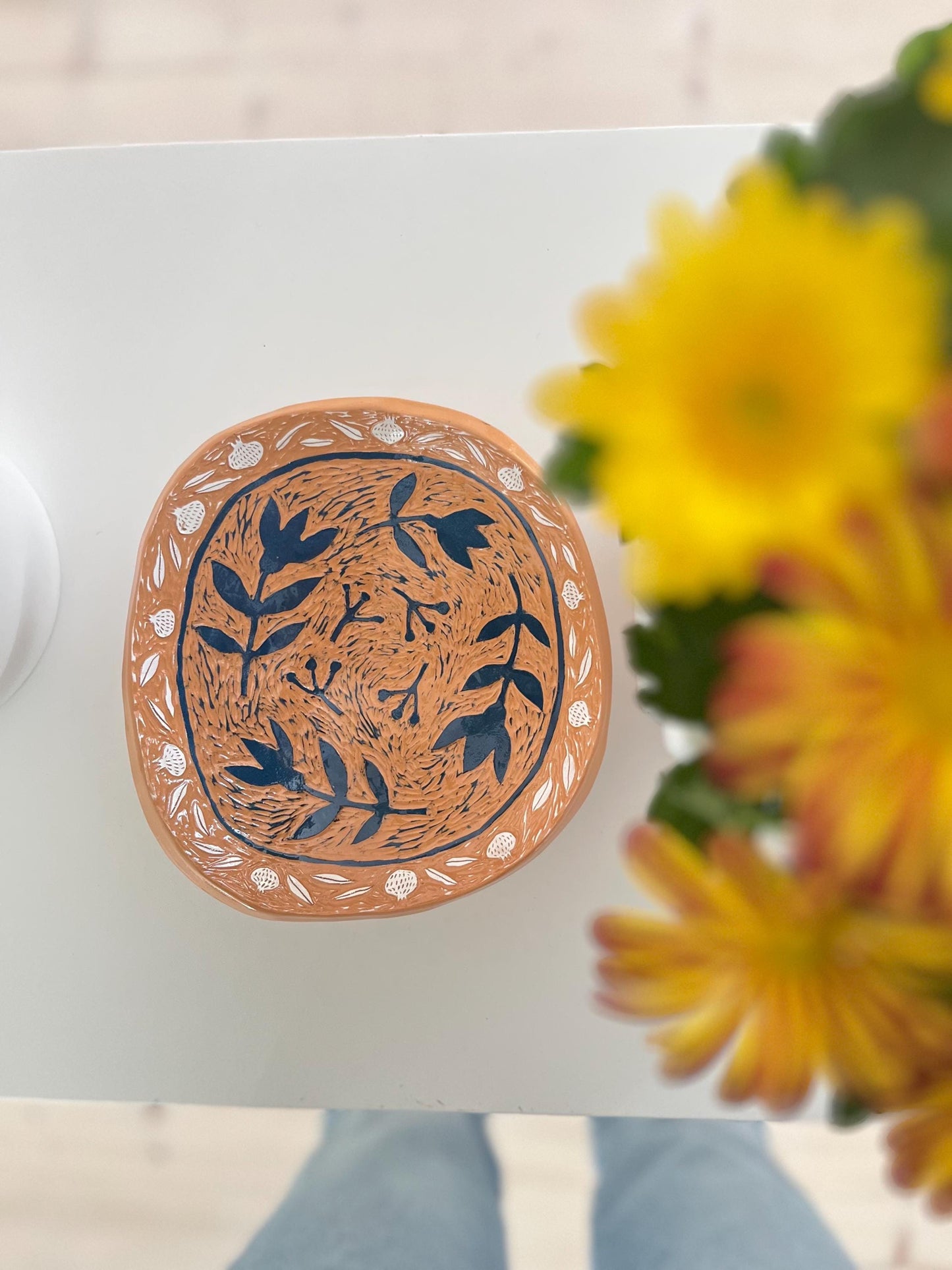 Sgraffito Terracotta Plate With Navy Flowers and White Pomegranate Rim / Footed Folkstyle Platter / Handbuilt Plate / Unique Ceramics OOAK
