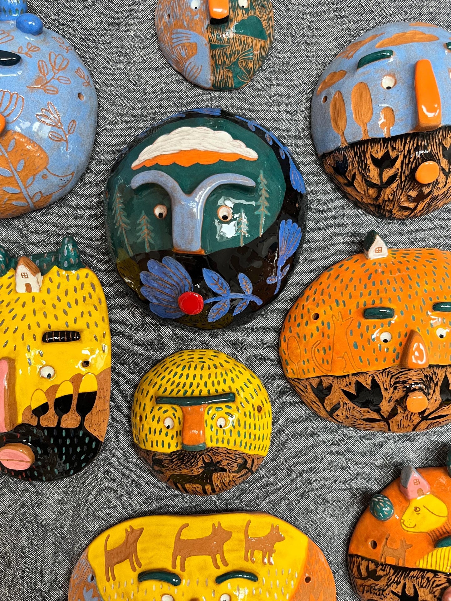 Colorful Yellow Ceramic Mask, Handpainted and Handmade Original Sgraffito Wall Art, Unique Living Room Art, Original Artisan Gift OOAK