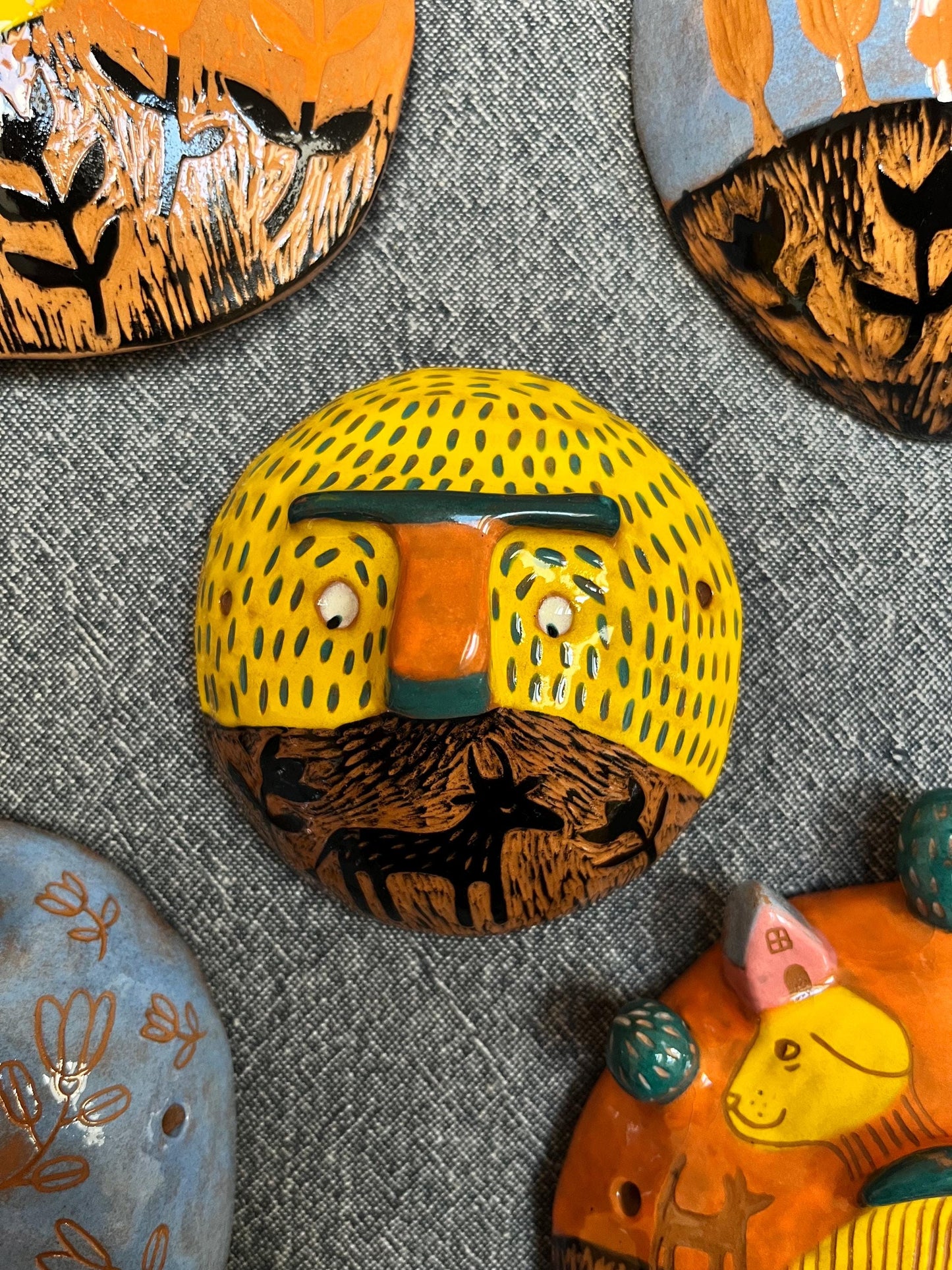 Colorful Yellow Ceramic Mask, Handpainted and Handmade Original Sgraffito Wall Art, Unique Living Room Art, Original Artisan Gift OOAK