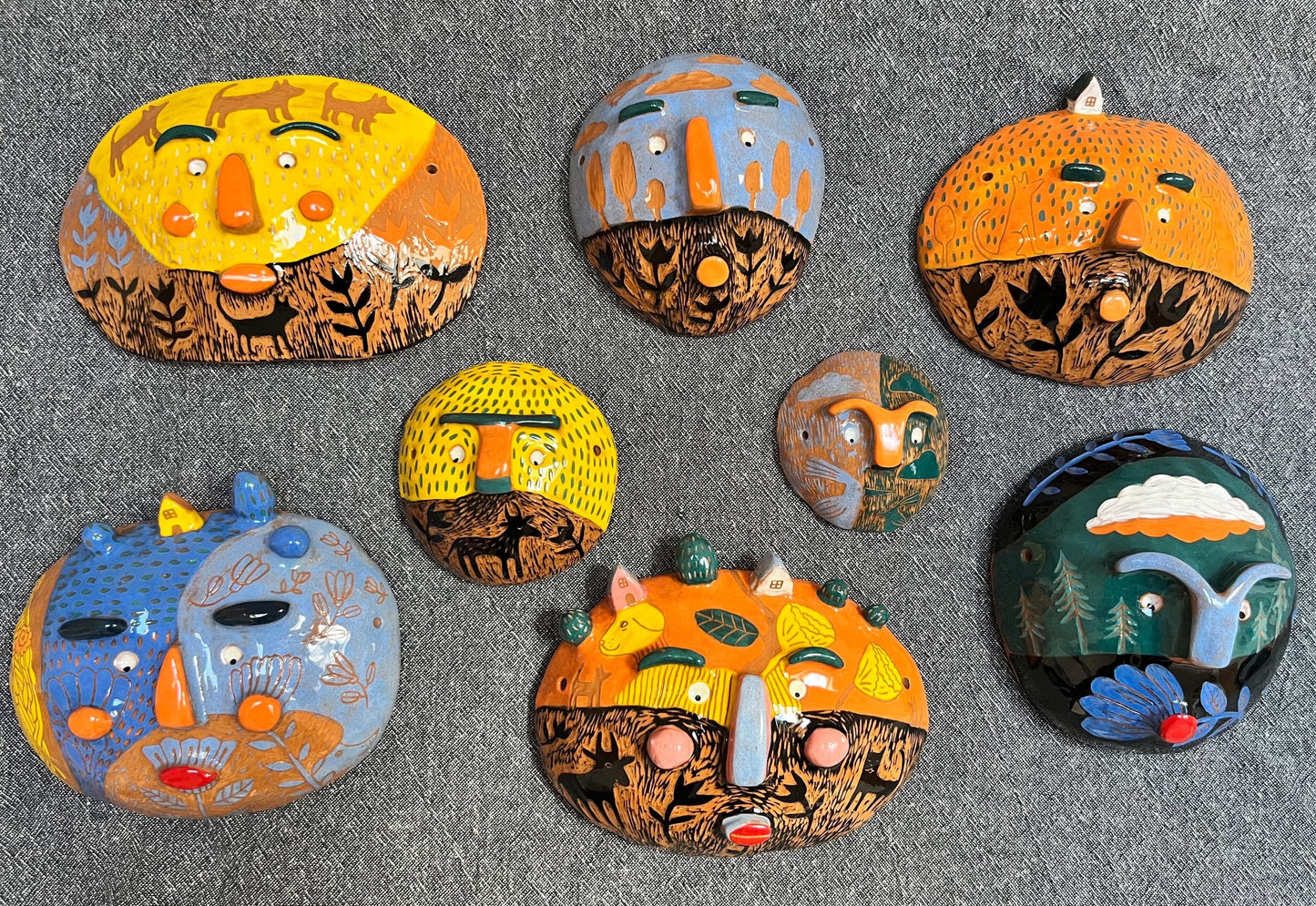 Colorful Small Ceramic Wall Mask, Handpainted and Handmade Original Sgraffito Art, Unique Living Room Art, Original Artisan Gift OOAK