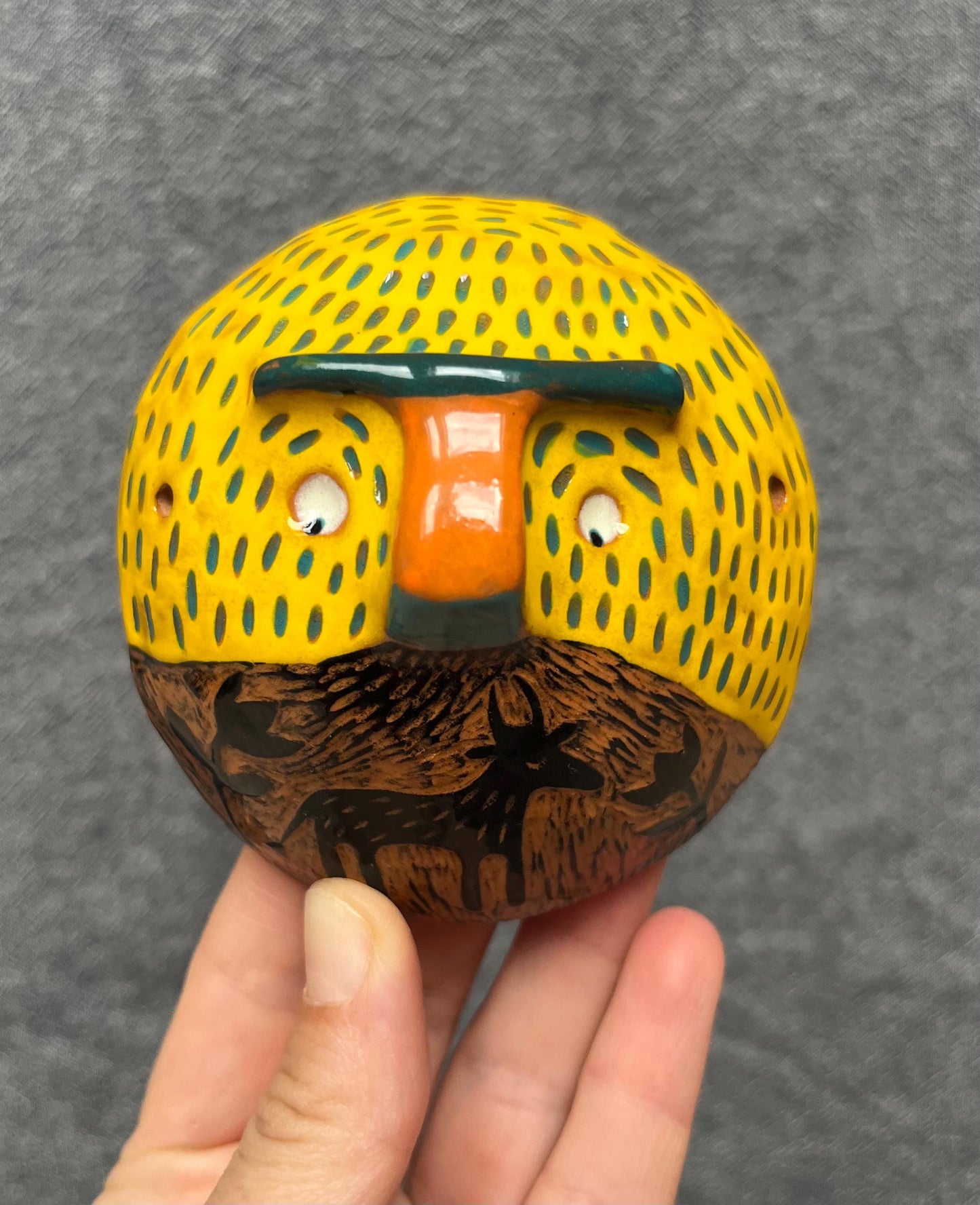 Colorful Yellow Ceramic Mask, Handpainted and Handmade Original Sgraffito Wall Art, Unique Living Room Art, Original Artisan Gift OOAK