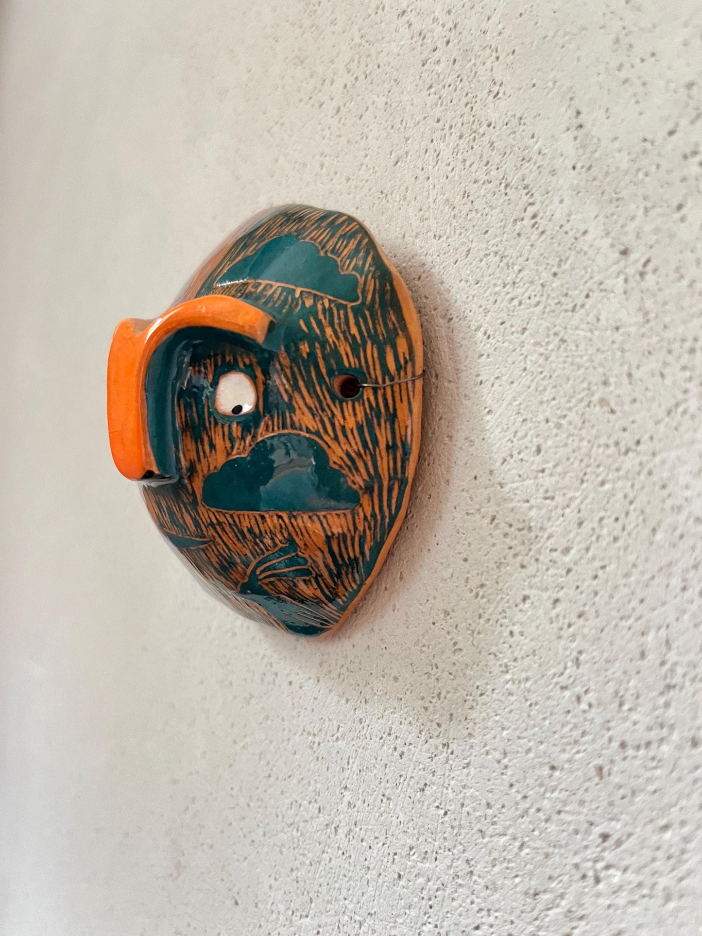 Colorful Small Ceramic Wall Mask, Handpainted and Handmade Original Sgraffito Art, Unique Living Room Art, Original Artisan Gift OOAK