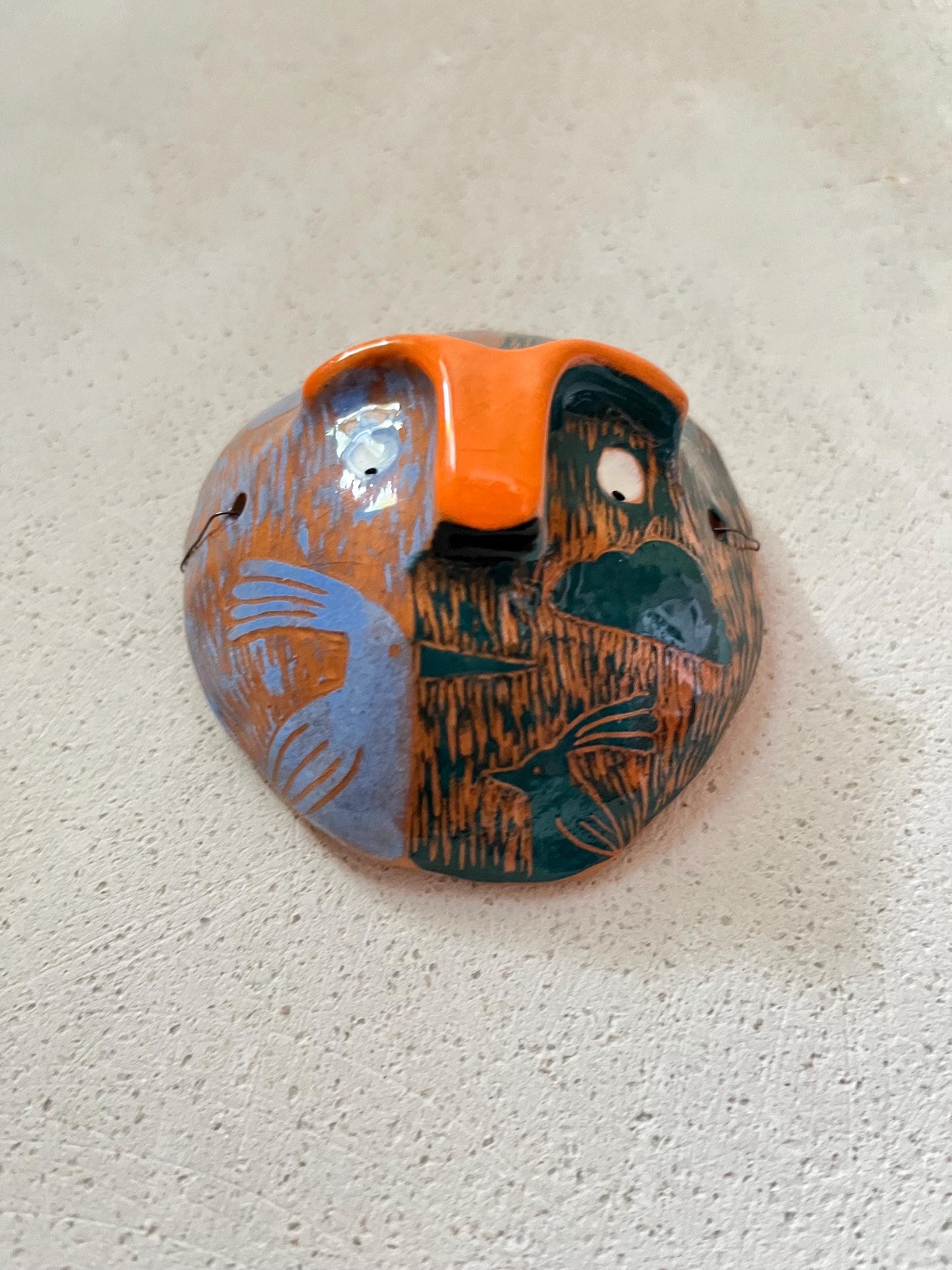 Colorful Small Ceramic Wall Mask, Handpainted and Handmade Original Sgraffito Art, Unique Living Room Art, Original Artisan Gift OOAK