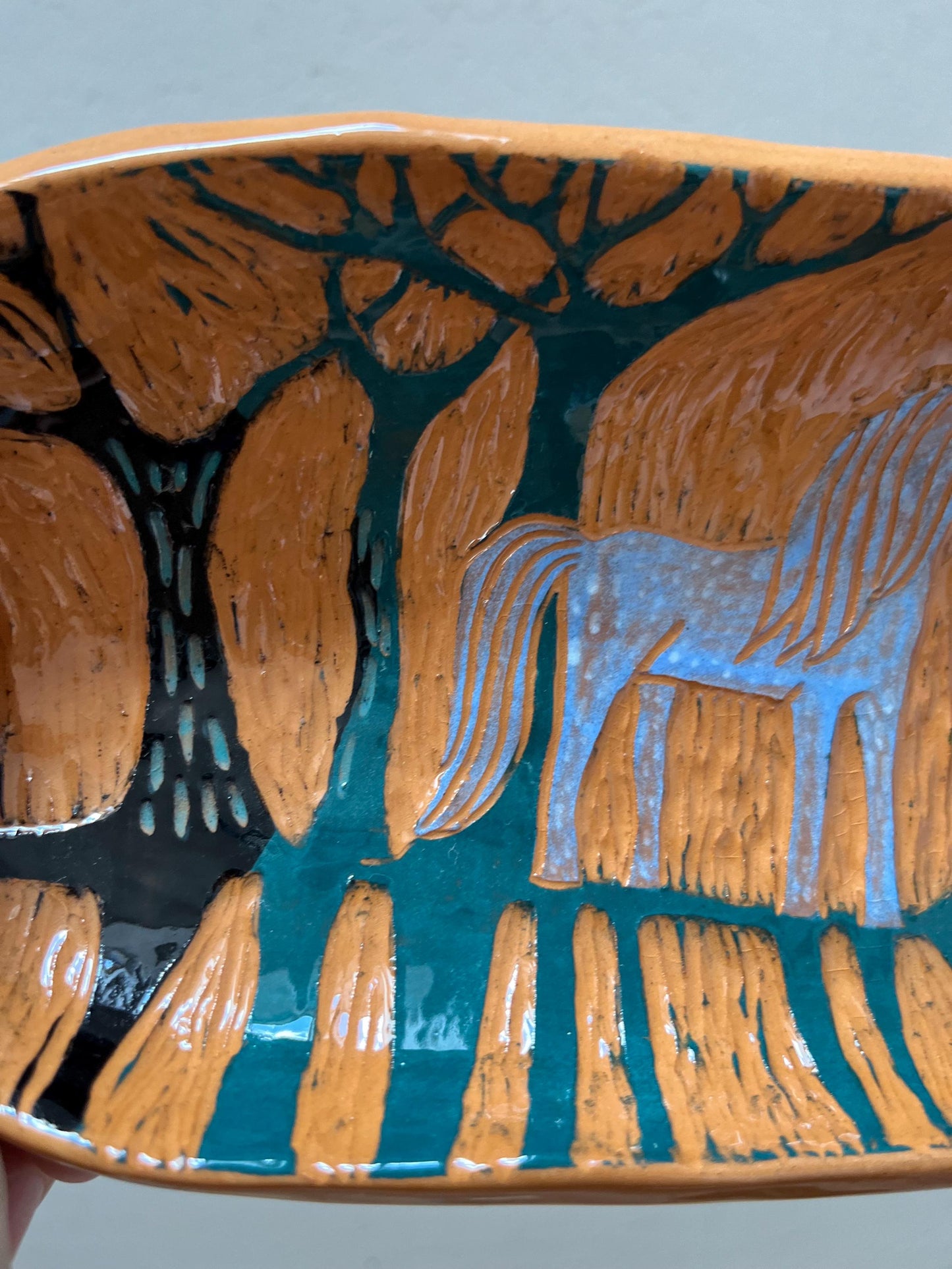 Footed Ceramic Plate  / Terracotta Dish With Unicorn and Trees / Unique Handmade OOAK Plate With Feet