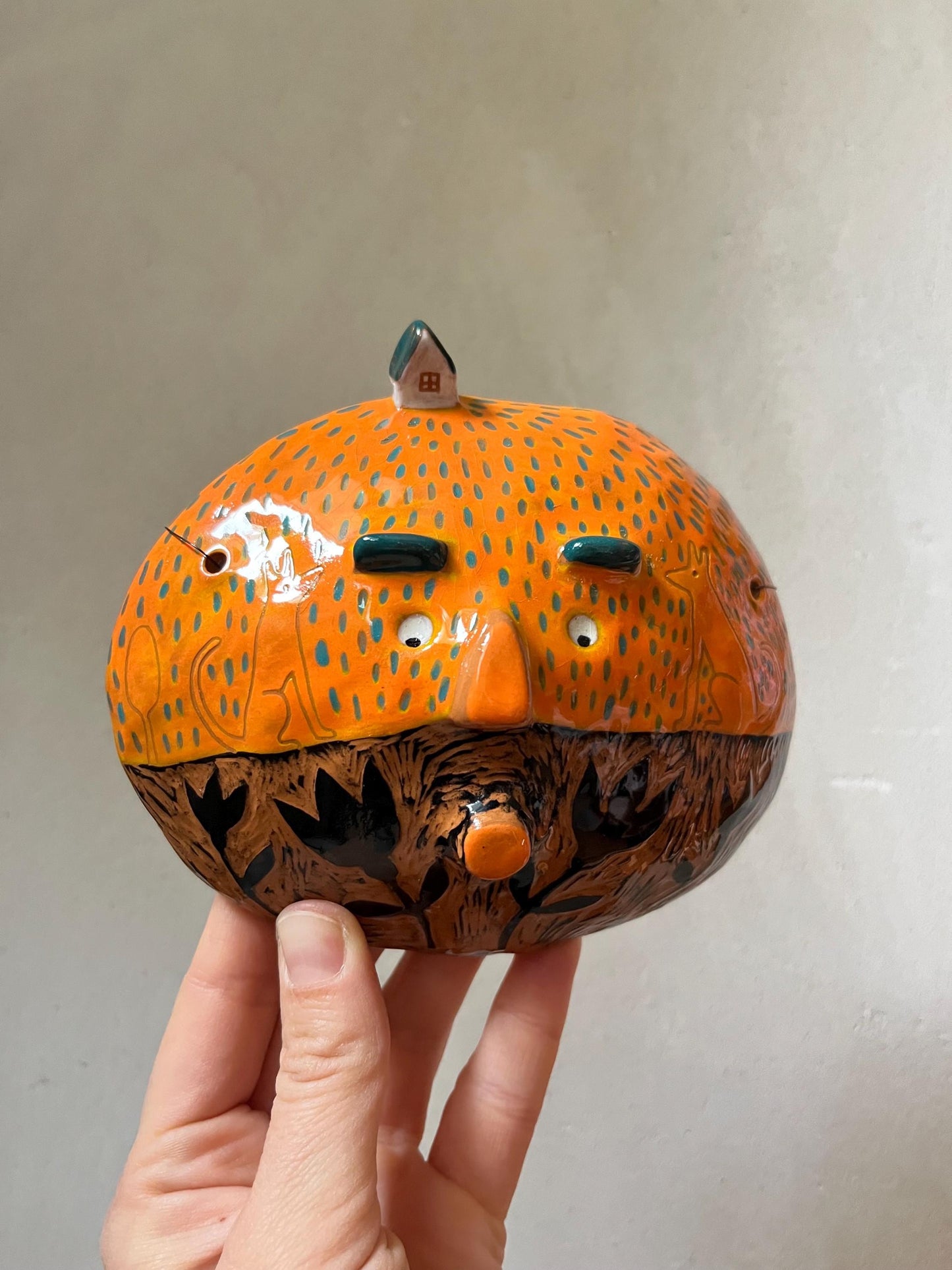 Ceramic Wall Art, Handmade Orange Sgraffito Ceramic Wall Decoration, Unique Living Room Art, Original Artisan Gift, Clay Creature, OOAK