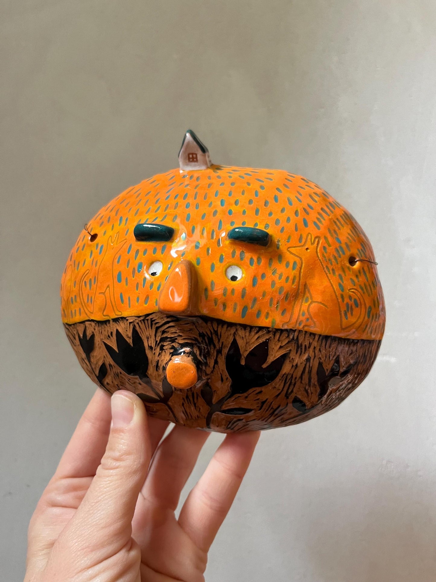 Ceramic Wall Art, Handmade Orange Sgraffito Ceramic Wall Decoration, Unique Living Room Art, Original Artisan Gift, Clay Creature, OOAK
