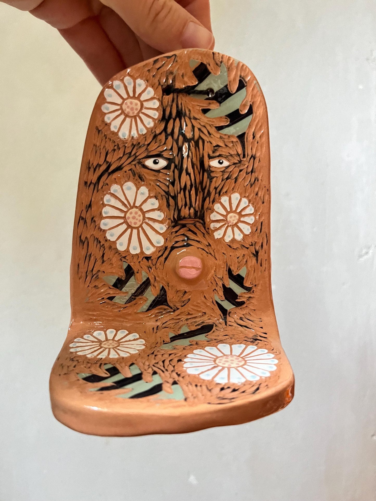 Wall Sconce With Floral Sgraffito / Decorative Boho Wall Shrine / Handmade Ceramic Wall Art / Unique Entryway Art / Quirky Gift For Mom