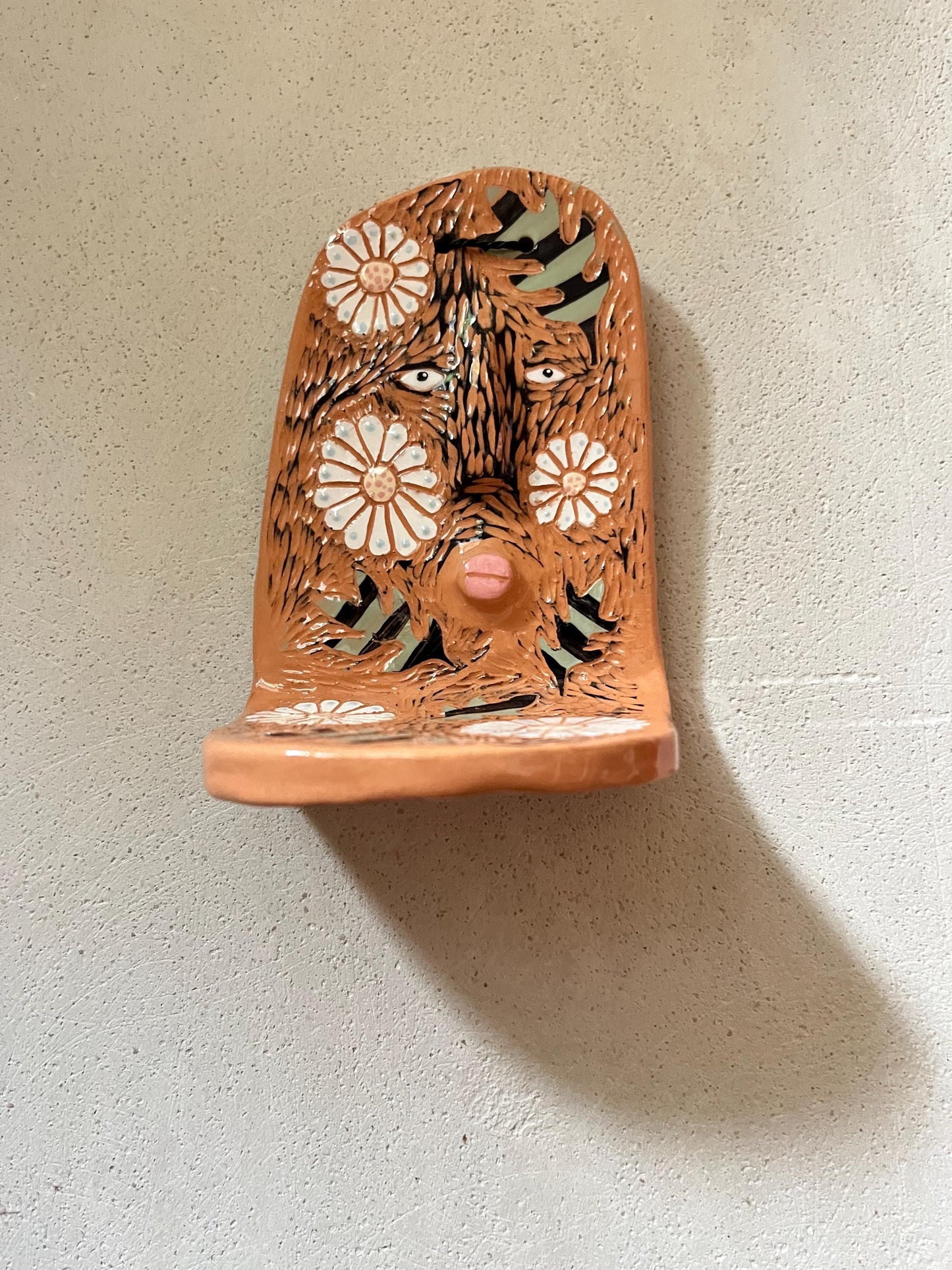 Wall Sconce With Floral Sgraffito / Decorative Boho Wall Shrine / Handmade Ceramic Wall Art / Unique Entryway Art / Quirky Gift For Mom
