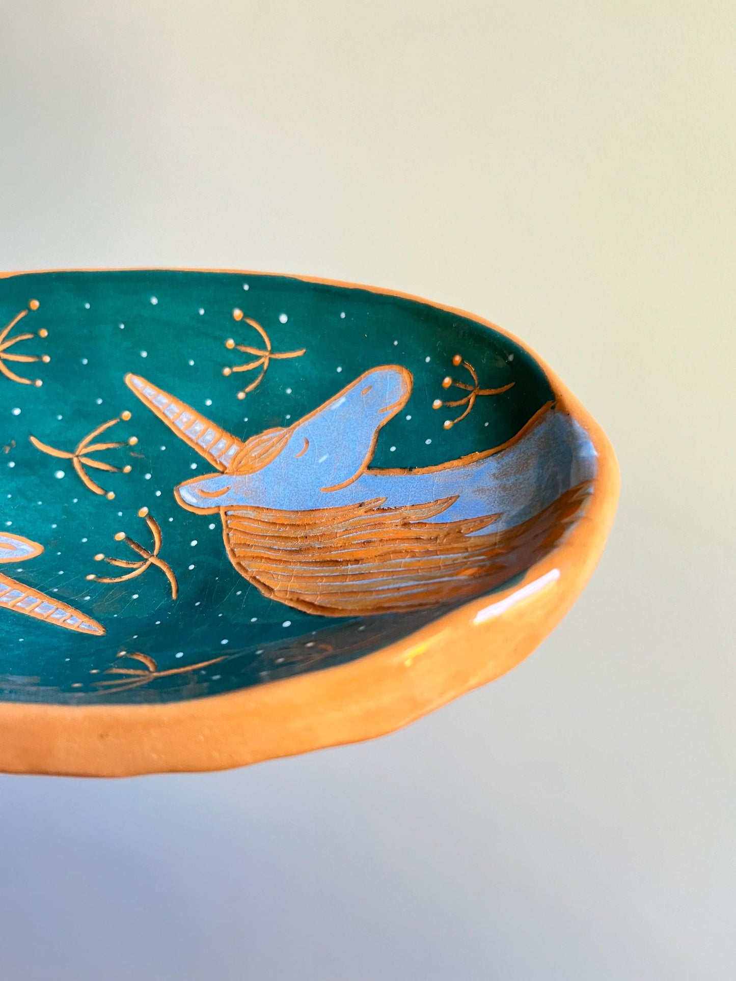 Footed Blue-Green Sgraffito Unicorn Pottery Plate  / Terracotta Dish With Blue Unicorns / Unique Handbuilt Footed Ceramic Plate