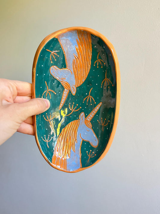 Footed Blue-Green Sgraffito Unicorn Pottery Plate  / Terracotta Dish With Blue Unicorns / Unique Handbuilt Footed Ceramic Plate