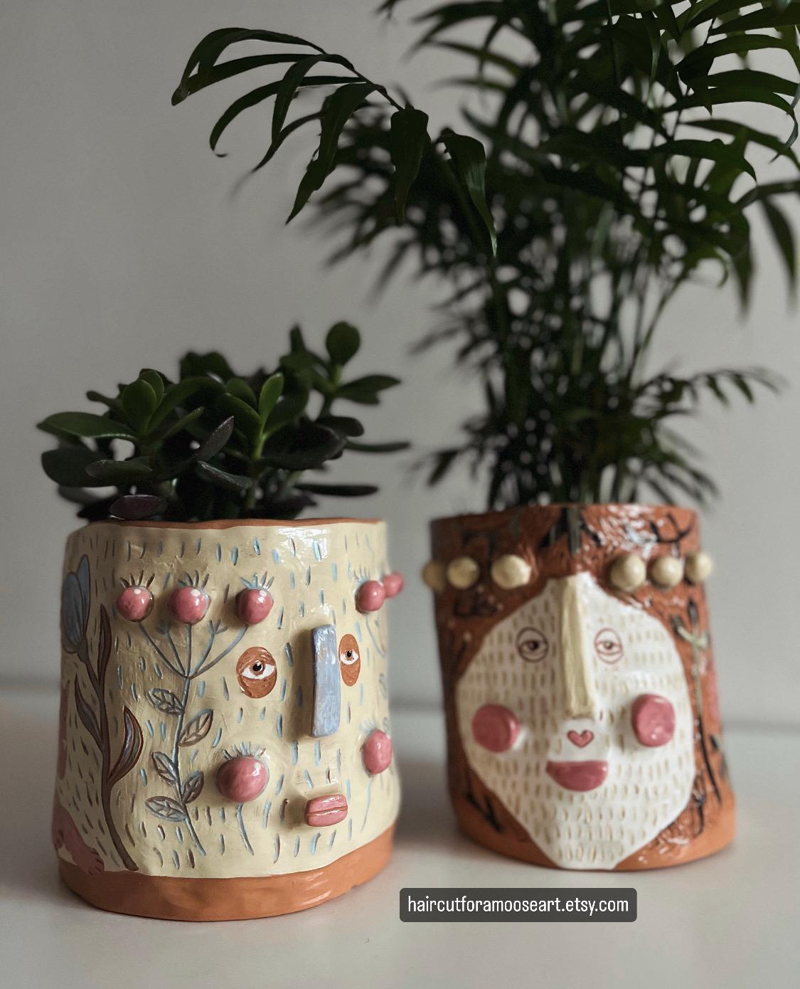 Ceramic Planter With Two Faces / Original Handmade Planter/ Gardener Gift / Unique Plant Lover Gift / Gift For Wife / Sgraffito Ceramics