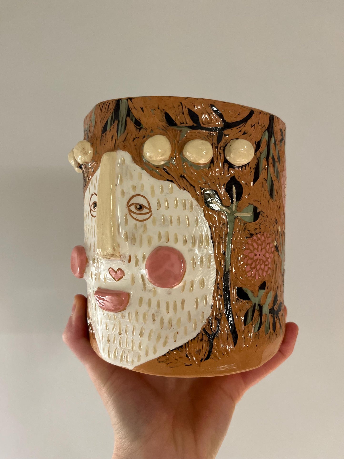 Ceramic Planter With Two Faces / Original Handmade Planter/ Gardener Gift / Unique Plant Lover Gift / Gift For Wife / Sgraffito Ceramics