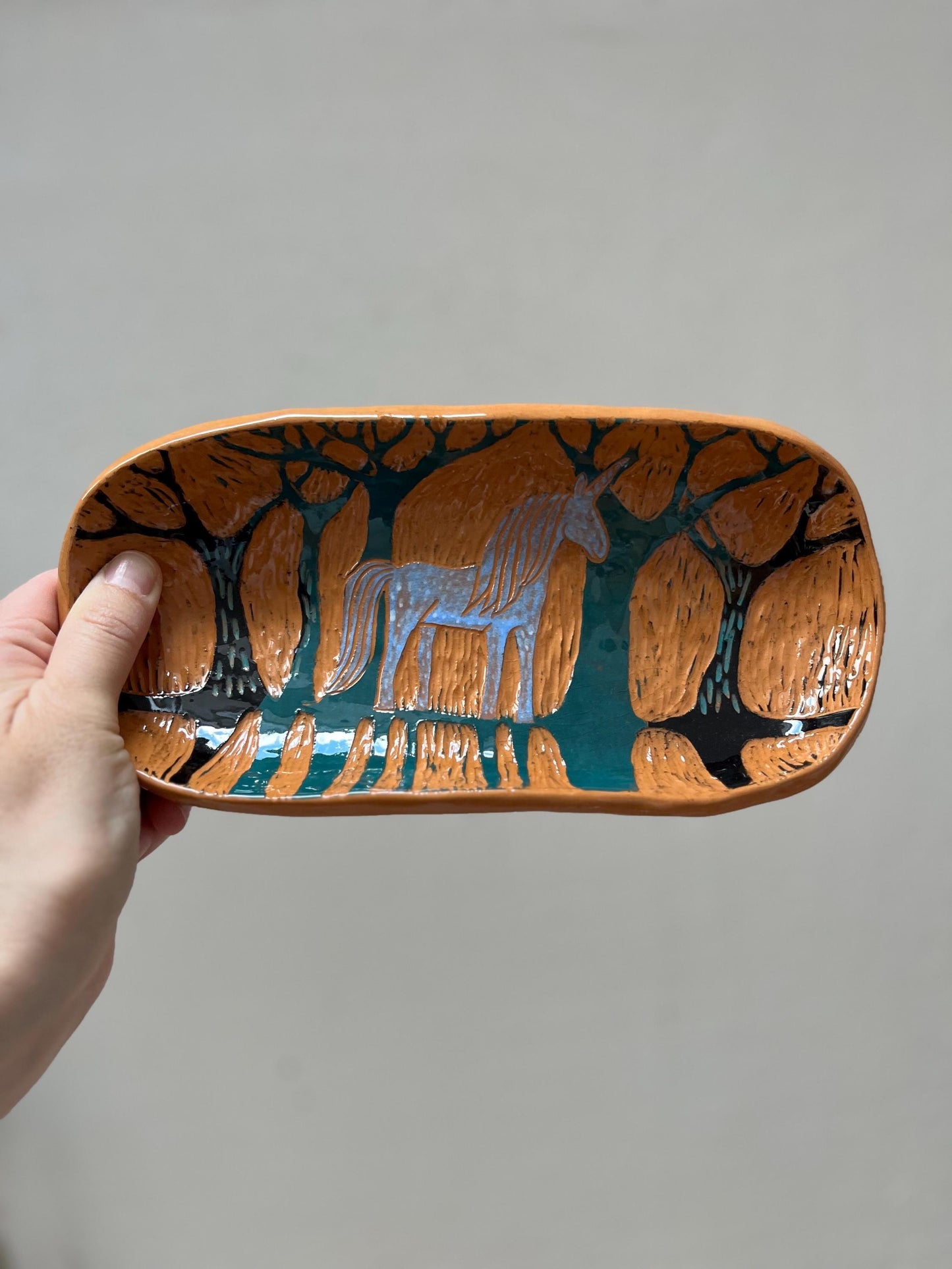 Unicorn Lover Gift  / Terracotta Plate With Magic Illustration / Unique Handmade OOAK Plate With Feet